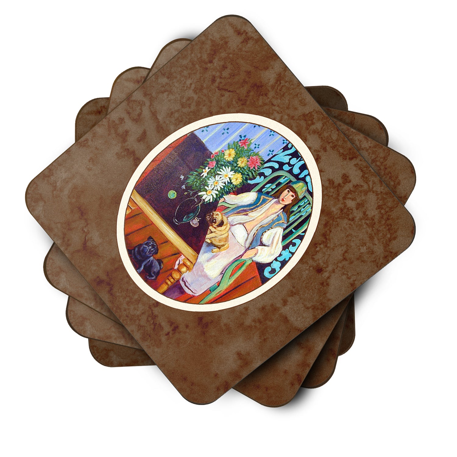Lady with her Pug Foam Coaster Set of 4 7265FC - the-store.com