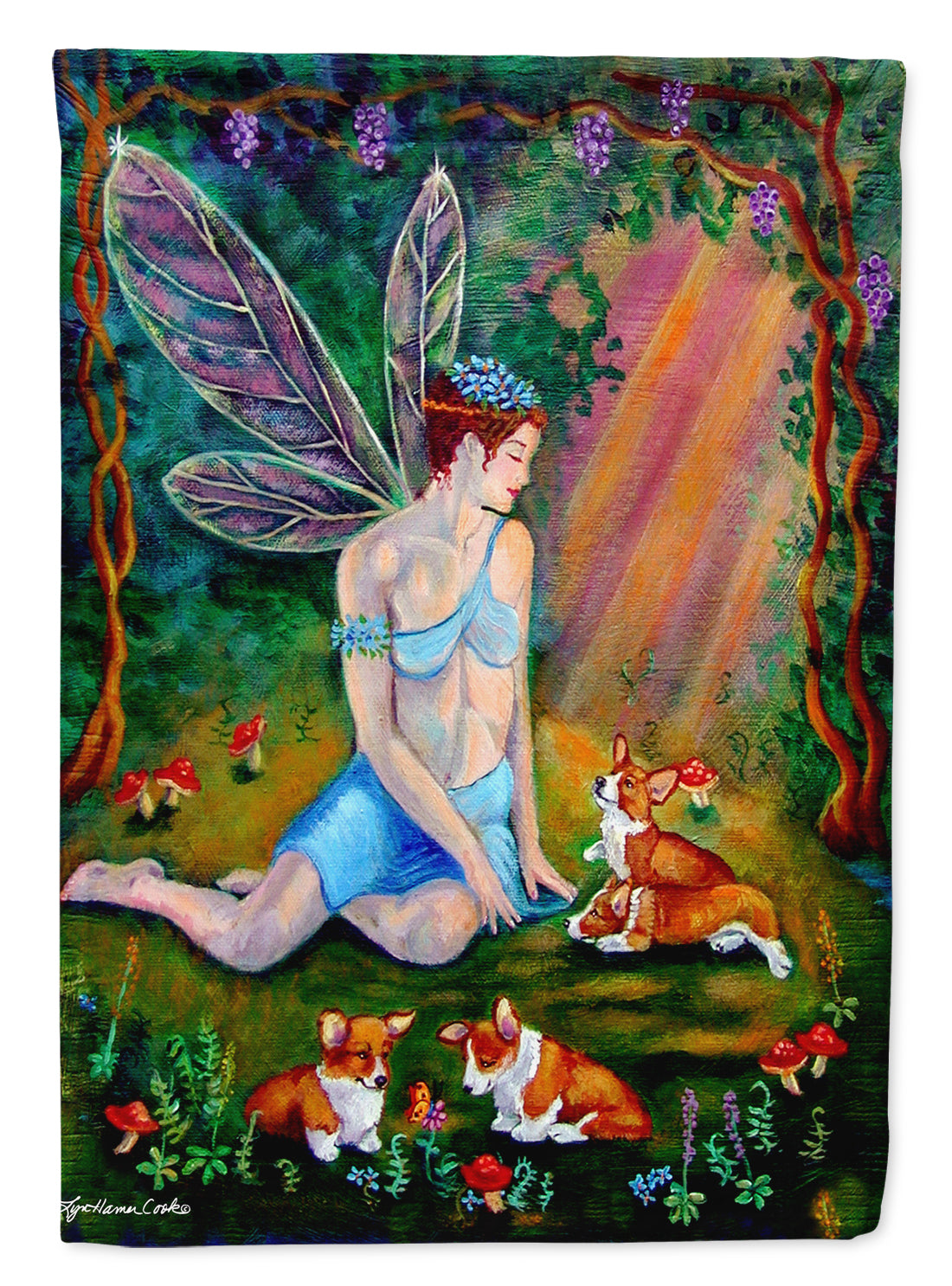 Fairy in the woods with her Corgis Flag Canvas House Size 7295CHF
