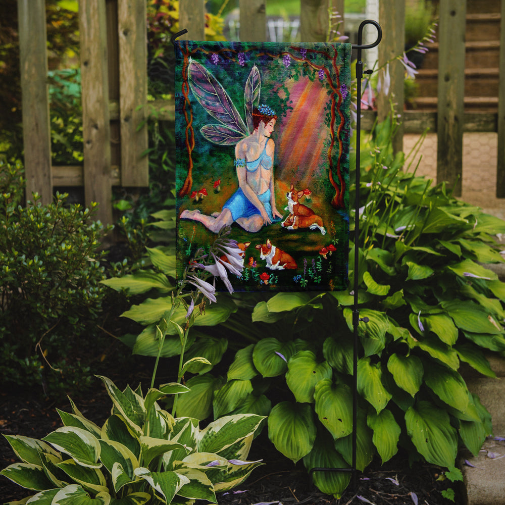 Fairy in the woods with her Corgis Flag Garden Size 7295GF.