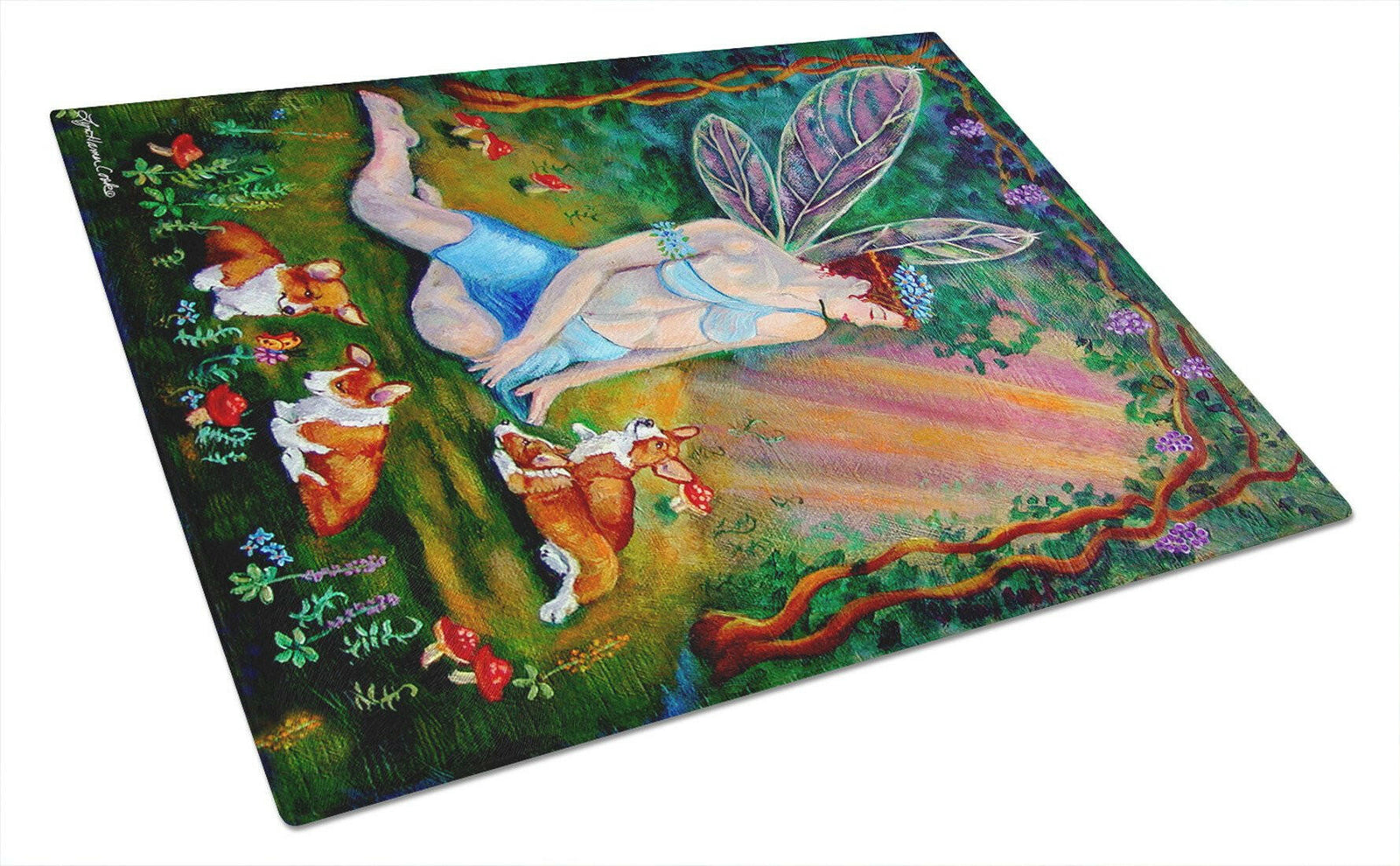 Fairy in the woods with her Corgis Glass Cutting Board Large 7295LCB by Caroline's Treasures