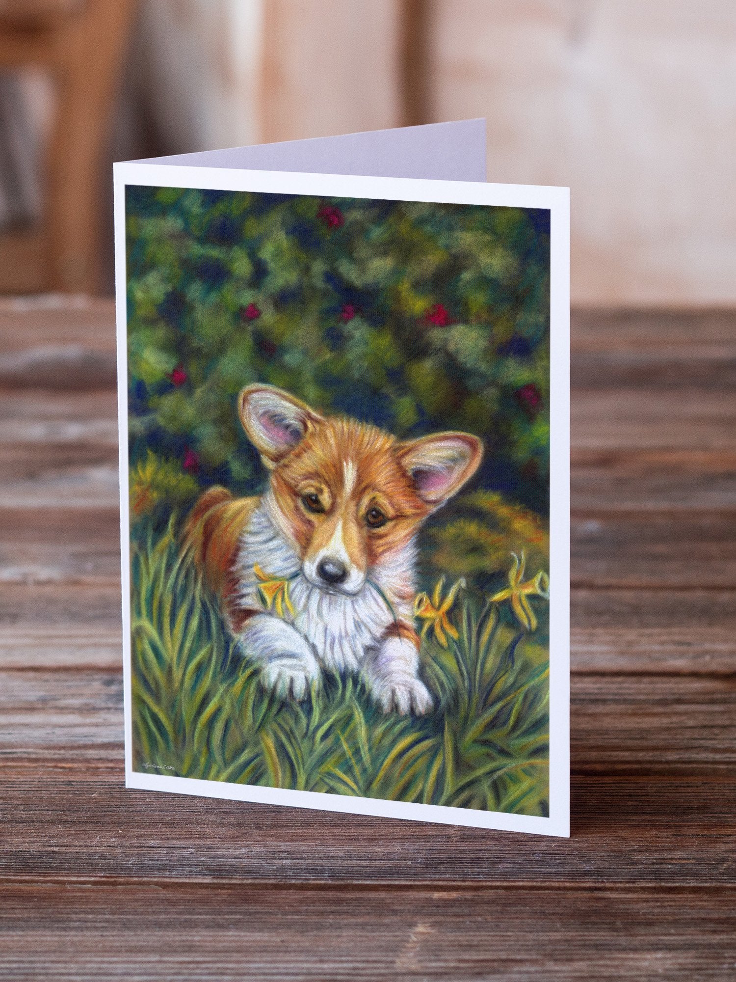 Buy this Corgi Pup and Daffodils Greeting Cards and Envelopes Pack of 8