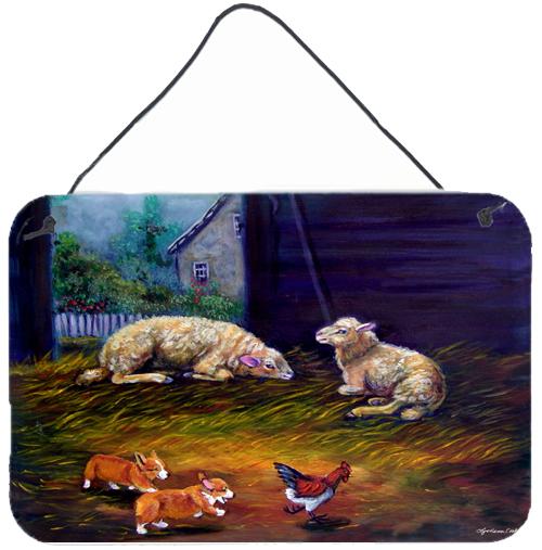 Corgi Chaos in the barn with sheep Wall or Door Hanging Prints 7322DS812 by Caroline's Treasures