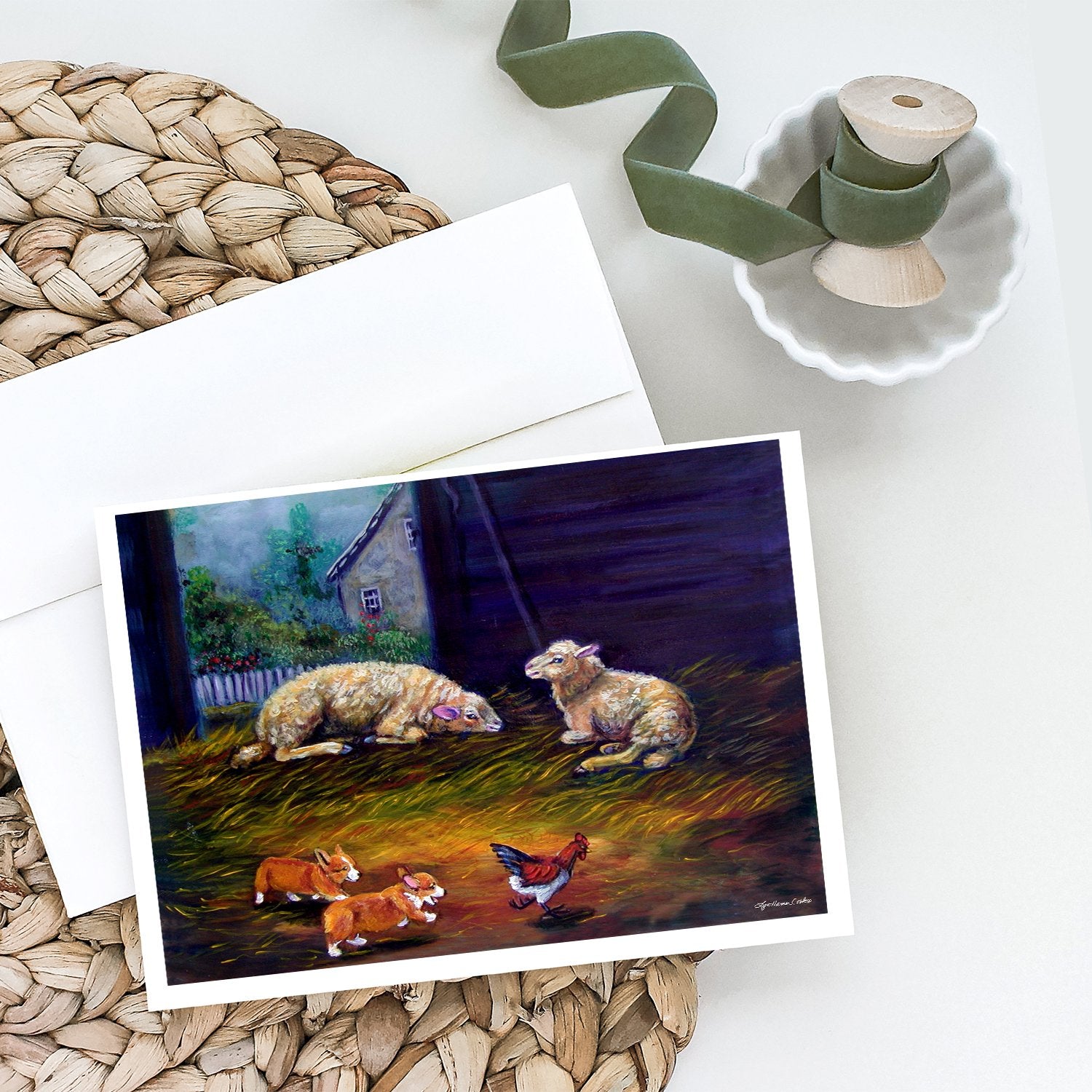 Buy this Corgi Chaos in the barn with sheep Greeting Cards and Envelopes Pack of 8