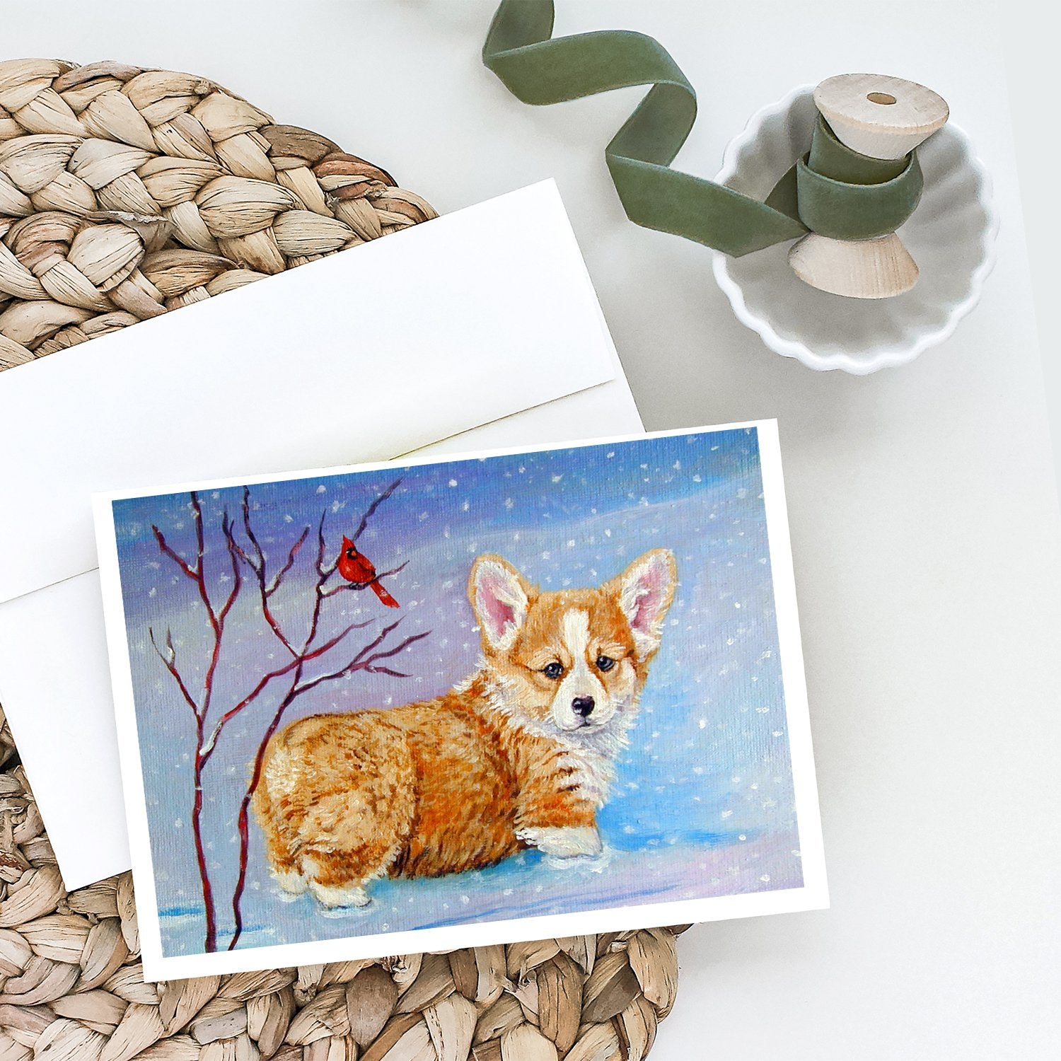 Buy this Corgi Pup Snow Cardinal Greeting Cards and Envelopes Pack of 8