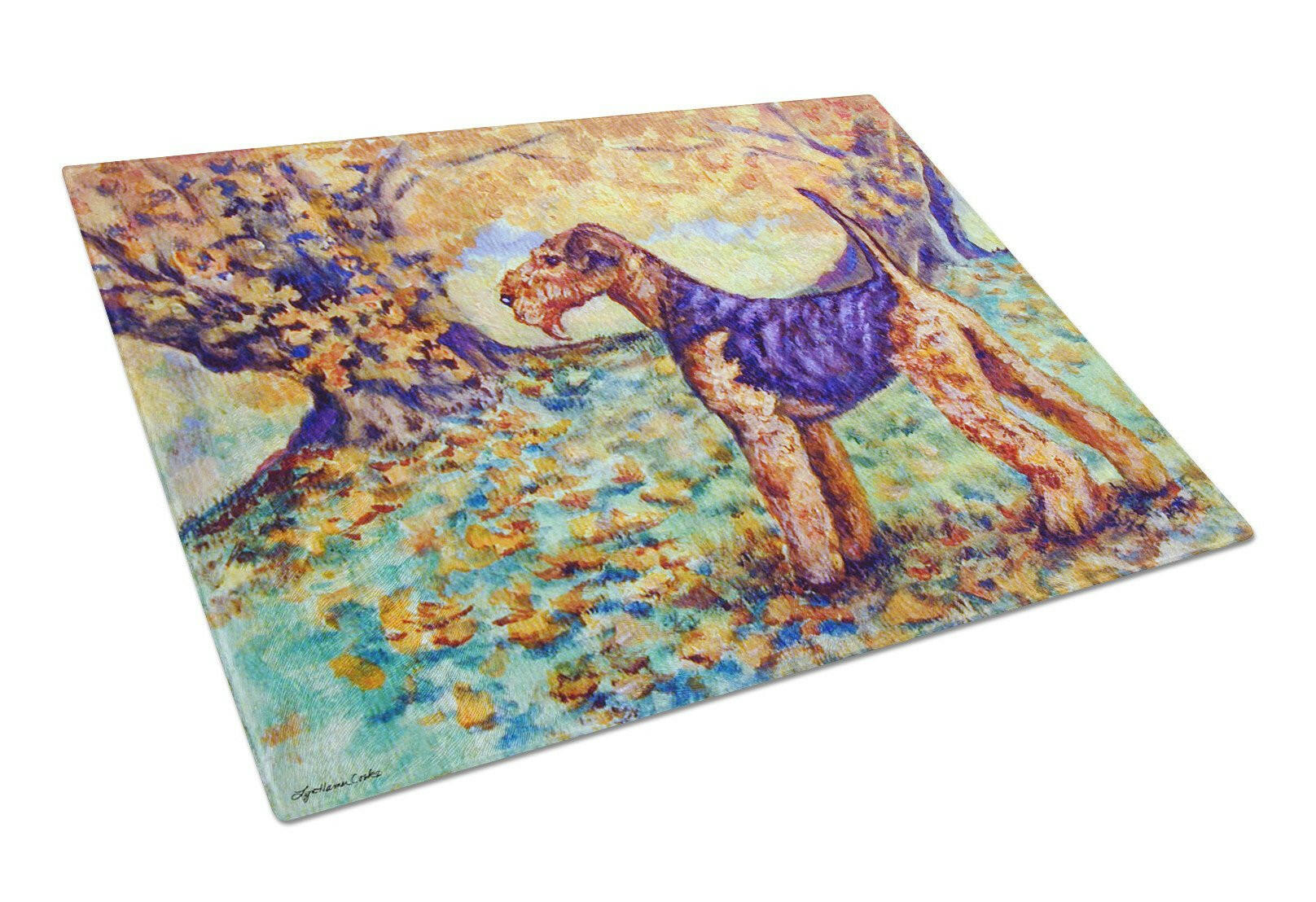 Autumn Airedale Terrier Glass Cutting Board Large 7343LCB by Caroline's Treasures