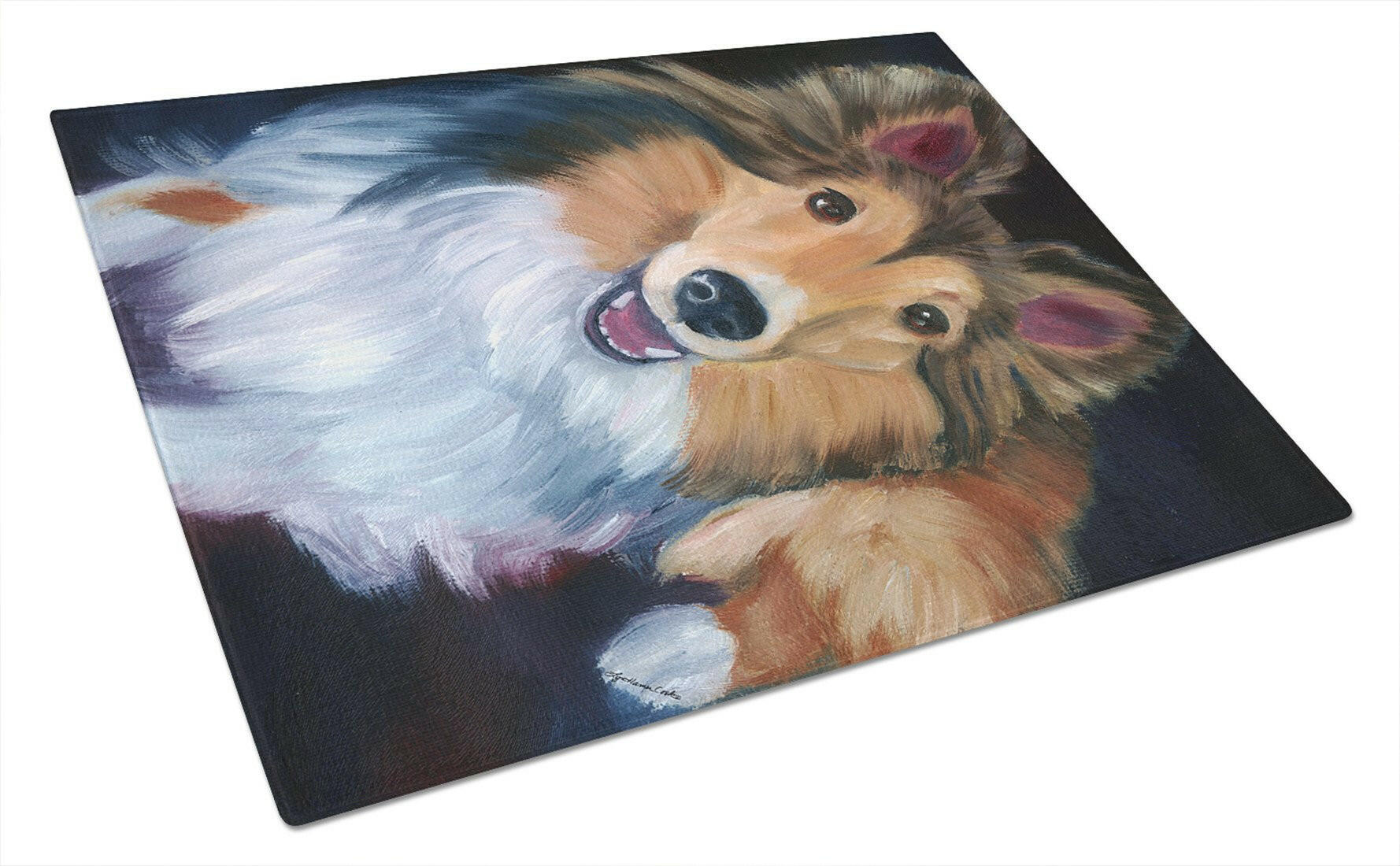 Sheltie Stand Off Glass Cutting Board Large 7394LCB by Caroline's Treasures