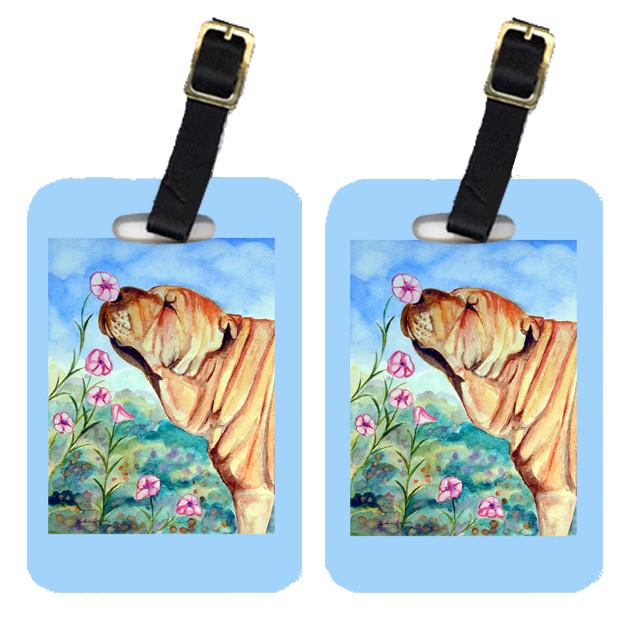 Pair of 2 Shar Pei smell the flowers Luggage Tags by Caroline's Treasures