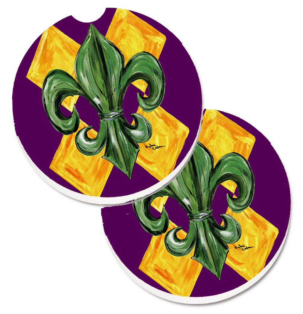 Mardi Gras Fleur de lis Purple Green and Gold Set of 2 Cup Holder Car Coasters 8133CARC by Caroline's Treasures