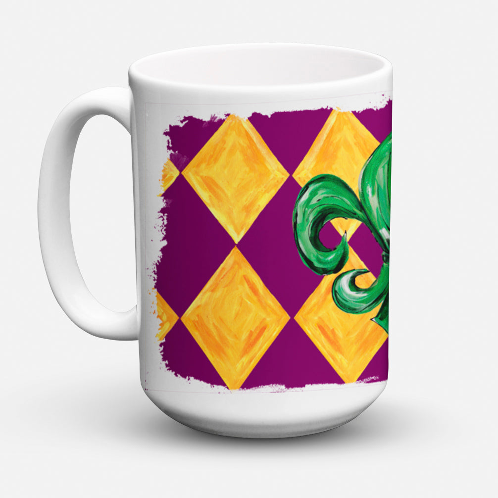 Mardi Gras Fleur de lis Purple Green and Gold Dishwasher Safe Microwavable Ceramic Coffee Mug 15 ounce 8133CM15