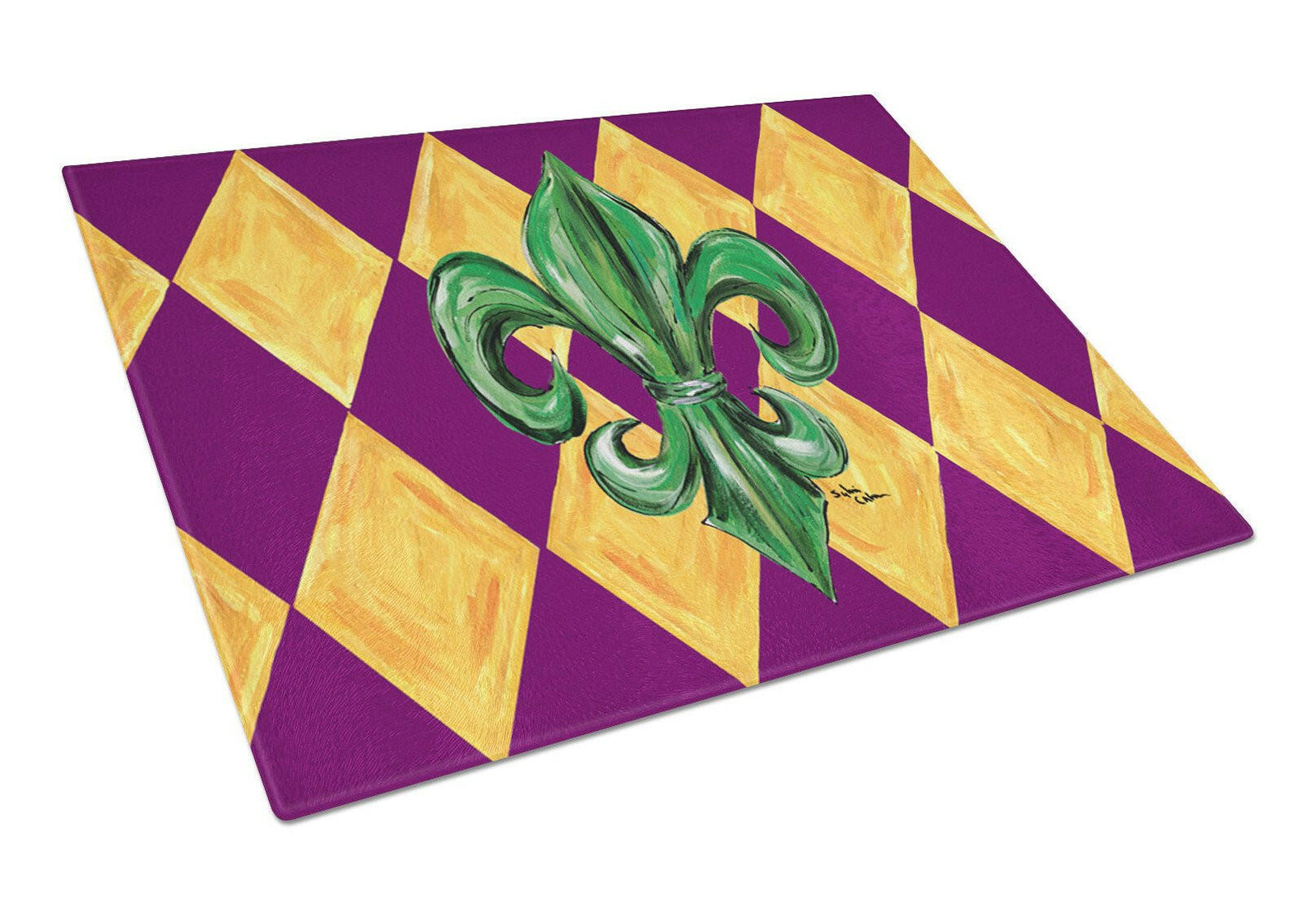 Mardi Gras Fleur de lis Purple Green and Gold Glass Cutting Board Large by Caroline's Treasures