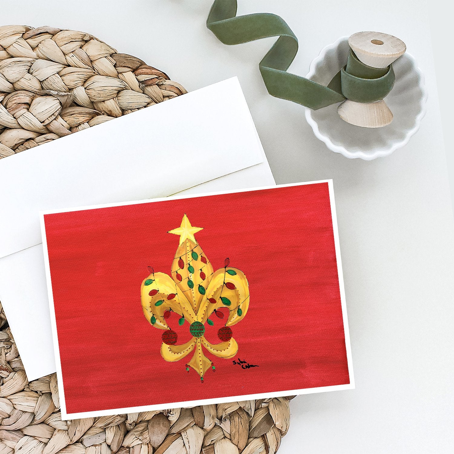 Christmas Tree with Lights Fleur de lis Greeting Cards and Envelopes Pack of 8 - the-store.com