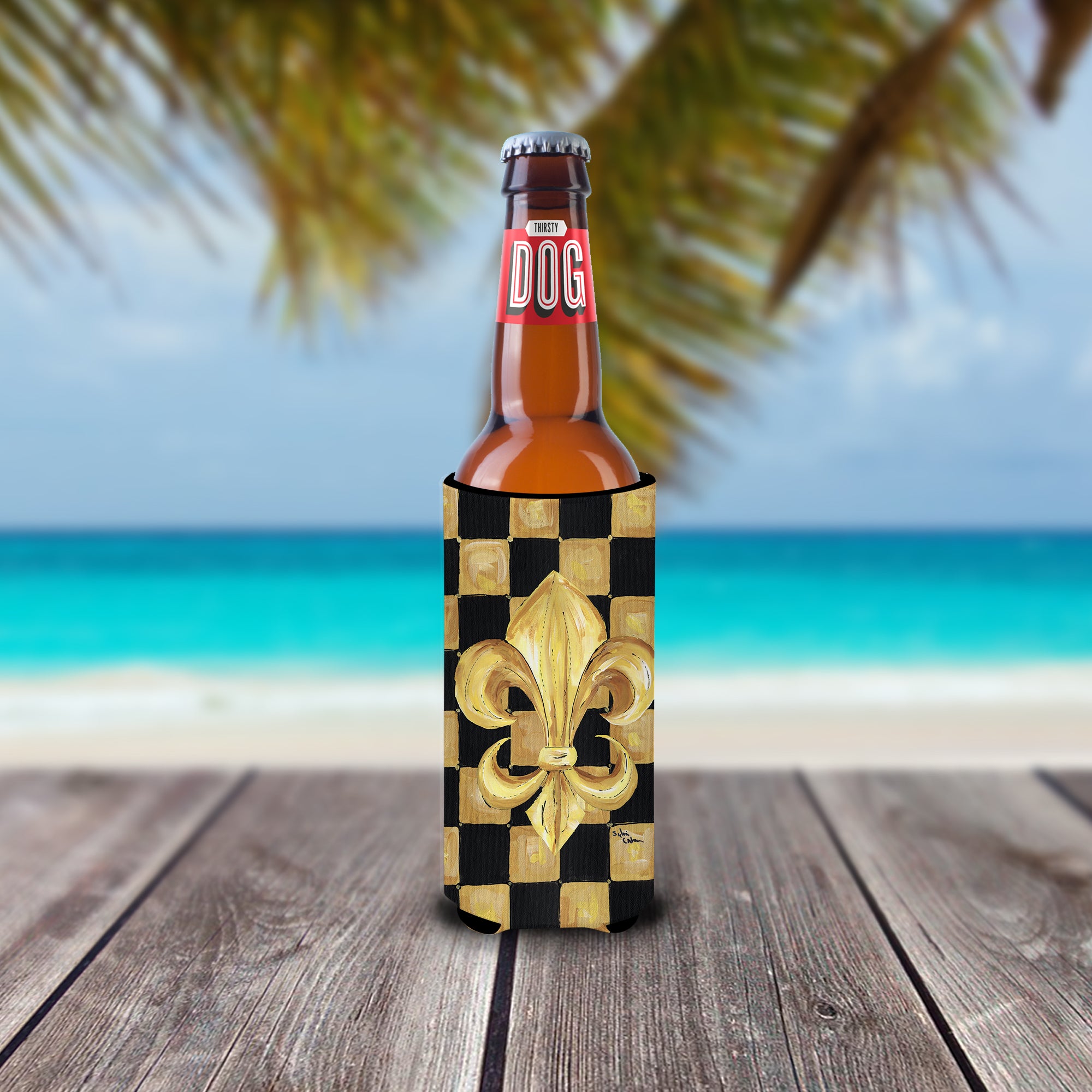 Black Gold Checkered Flag Fleur de lis Ultra Beverage Insulators for slim cans 8197MUK