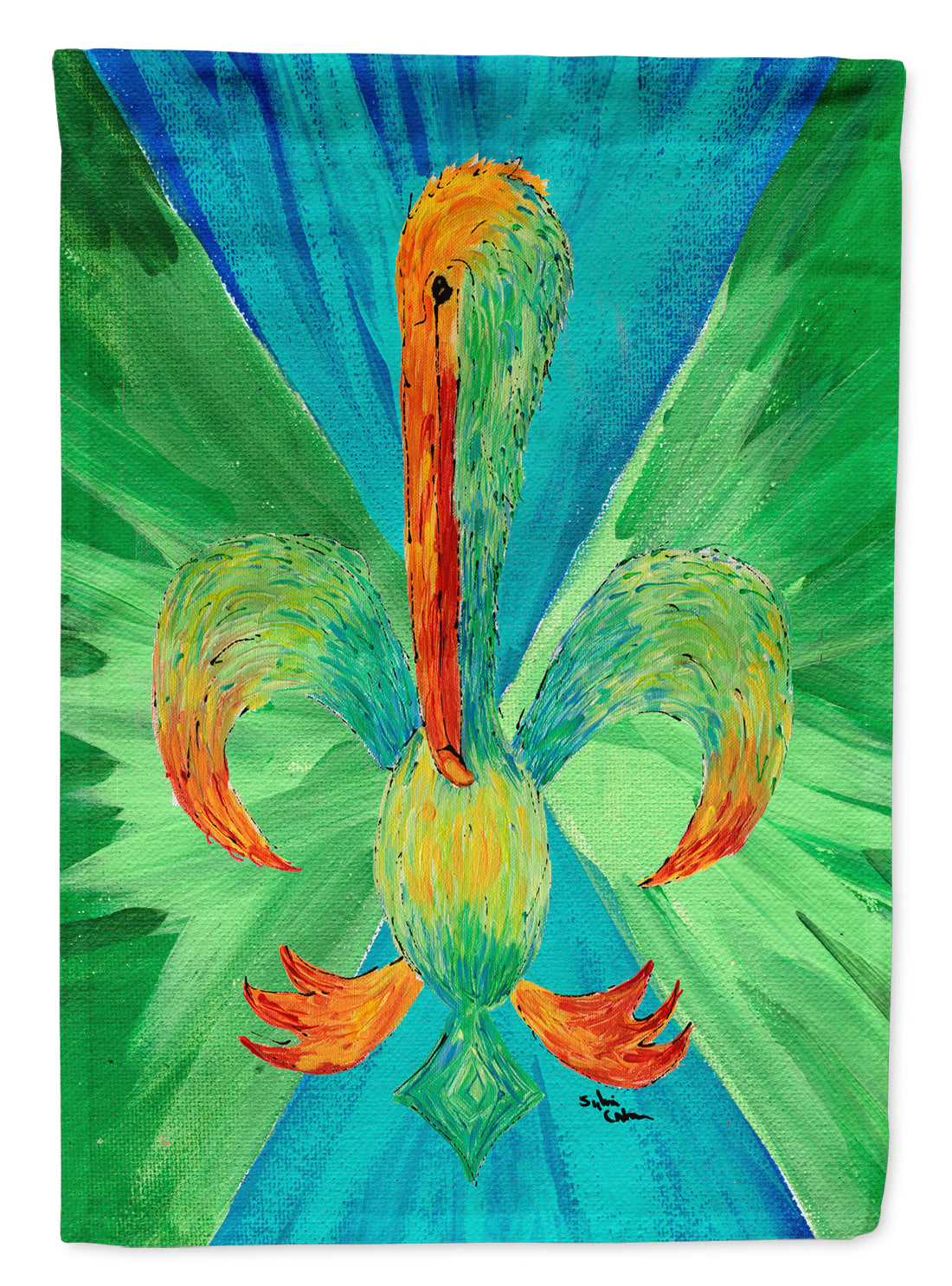 Multi colored Pelican Fleur de lis Flag Garden Size.