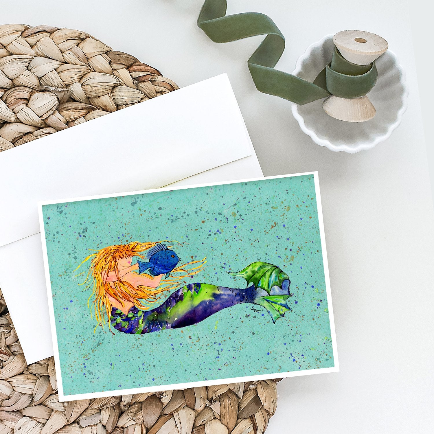 Blonde Mermaid on Teal Greeting Cards and Envelopes Pack of 8 - the-store.com