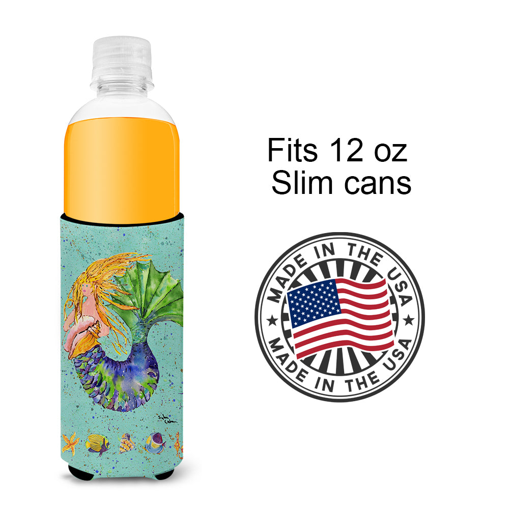 Blonde Mermaid on Teal Ultra Beverage Insulators for slim cans 8336MUK.