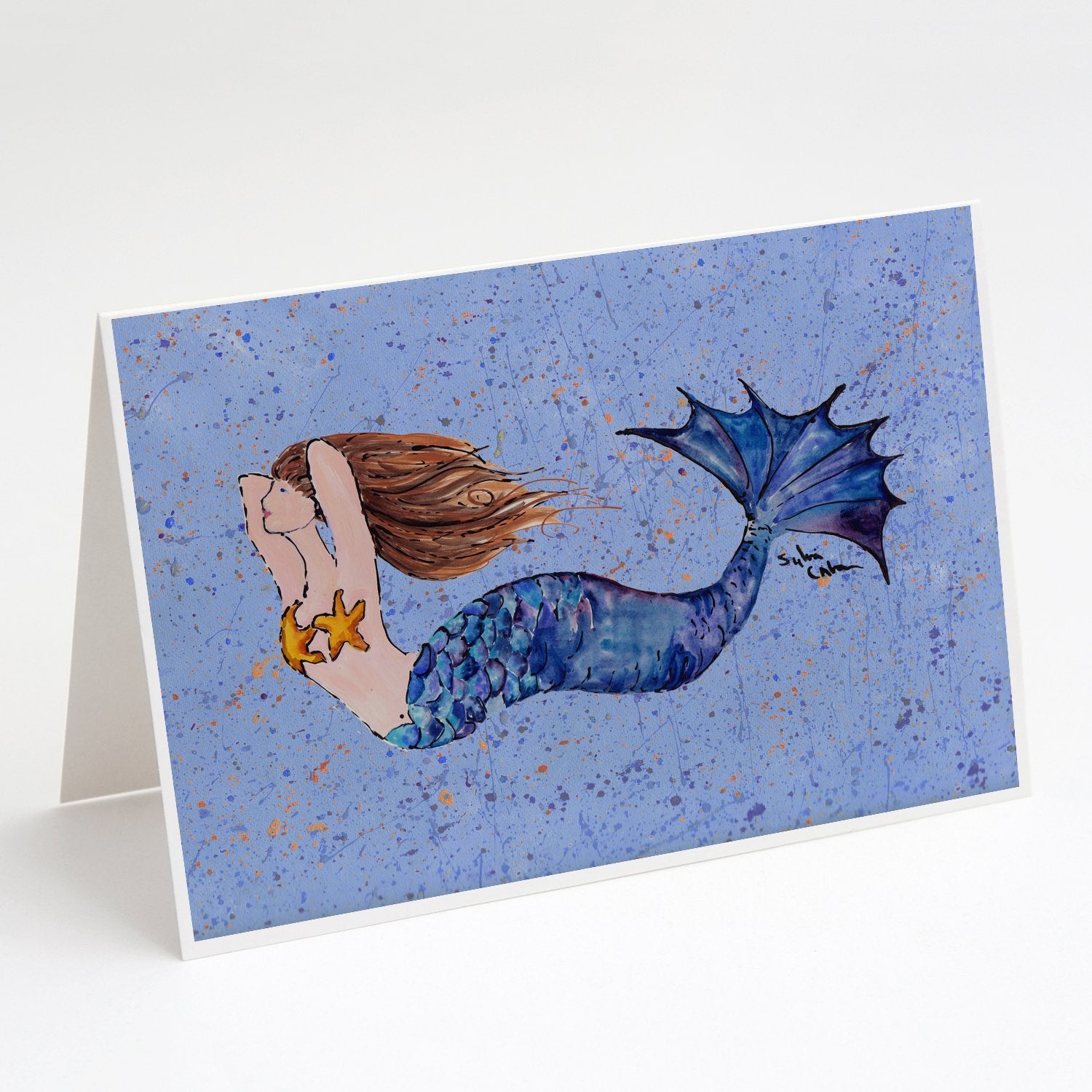 Buy this Brown Headed Mermaid on Blue Greeting Cards and Envelopes Pack of 8