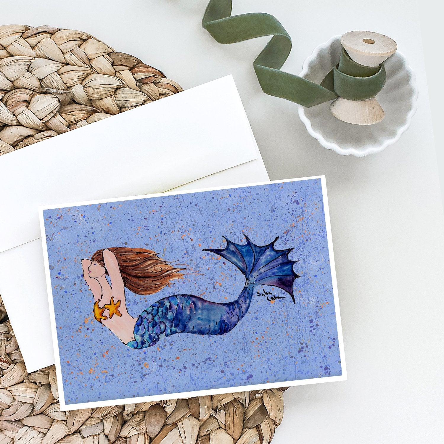 Buy this Brown Headed Mermaid on Blue Greeting Cards and Envelopes Pack of 8