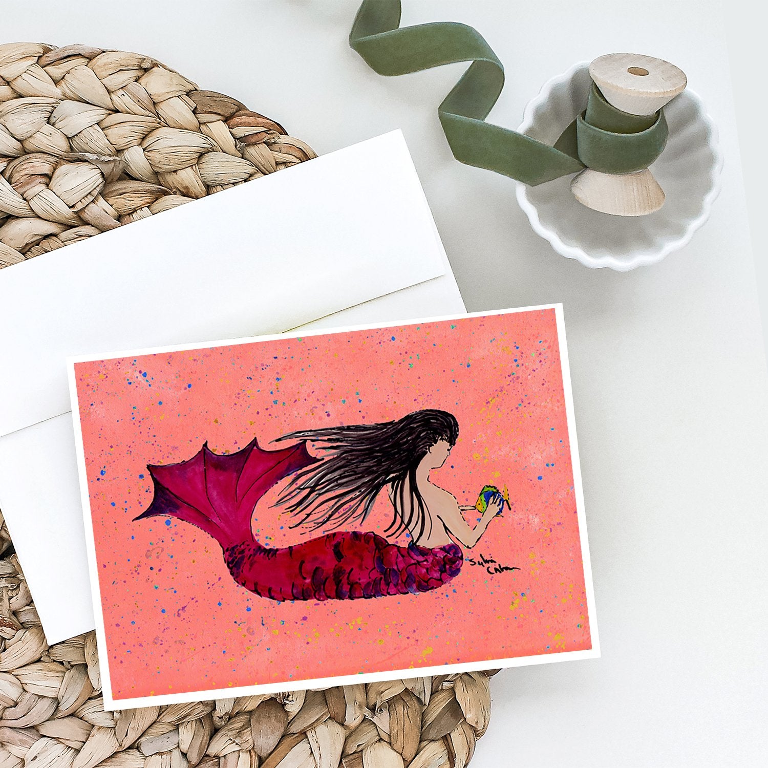 Black haired Mermaid on Red Greeting Cards and Envelopes Pack of 8 - the-store.com