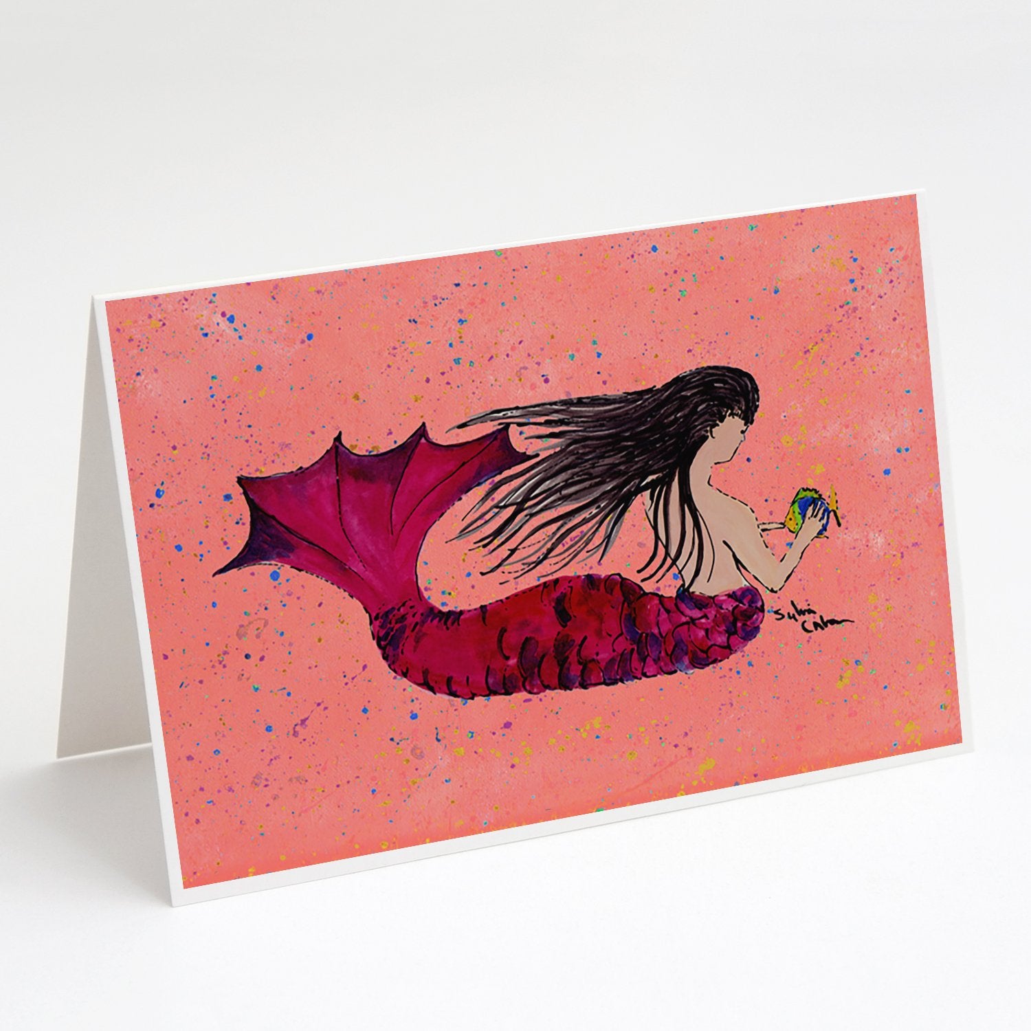 Buy this Black haired Mermaid on Red Greeting Cards and Envelopes Pack of 8