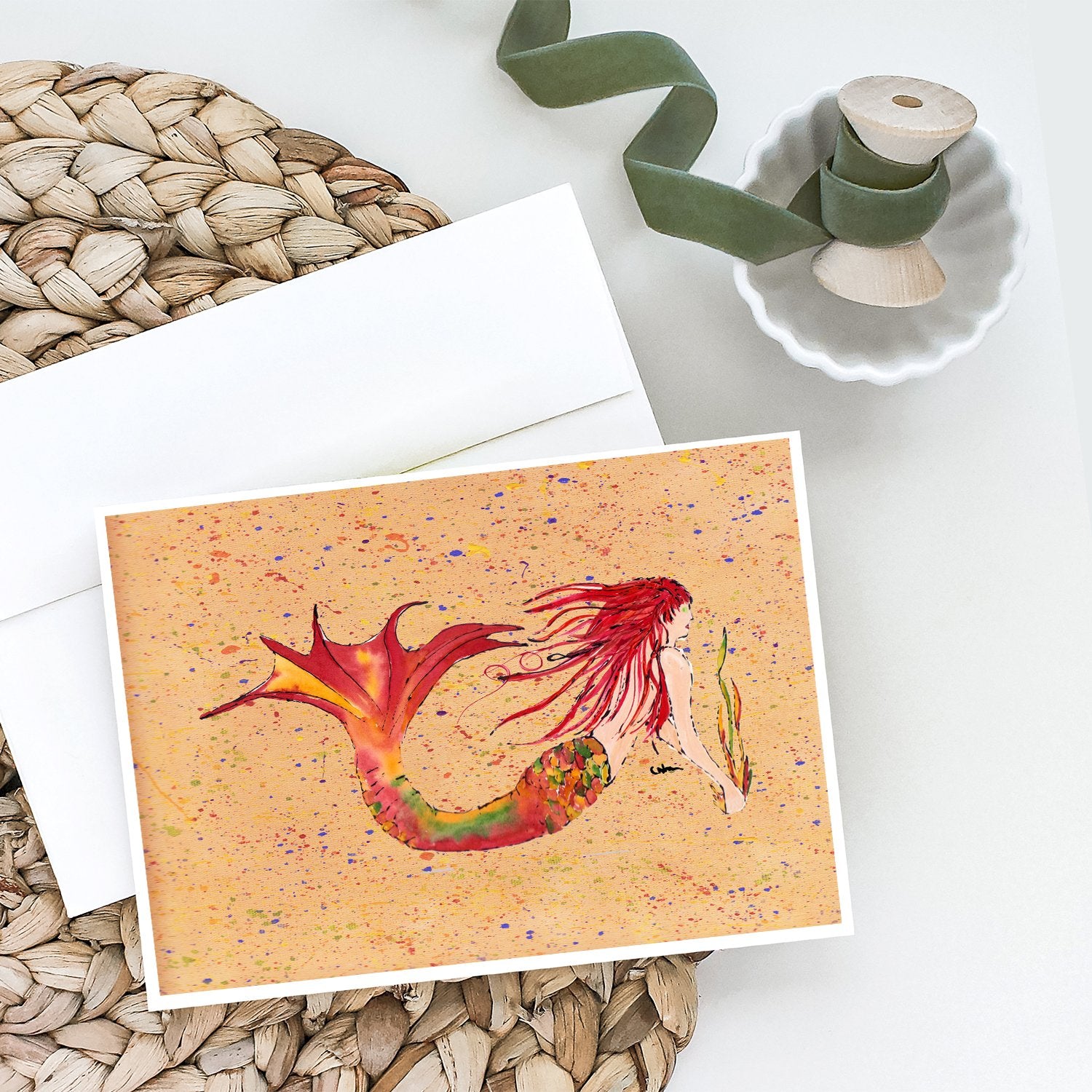 Red Headed Ginger Mermaid on Coral Greeting Cards and Envelopes Pack of 8 - the-store.com