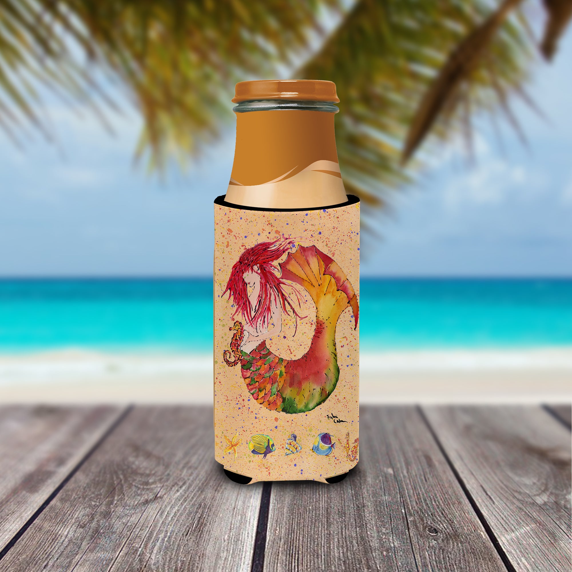 Red Headed Ginger Mermaid on Coral Ultra Beverage Insulators for slim cans 8339MUK.
