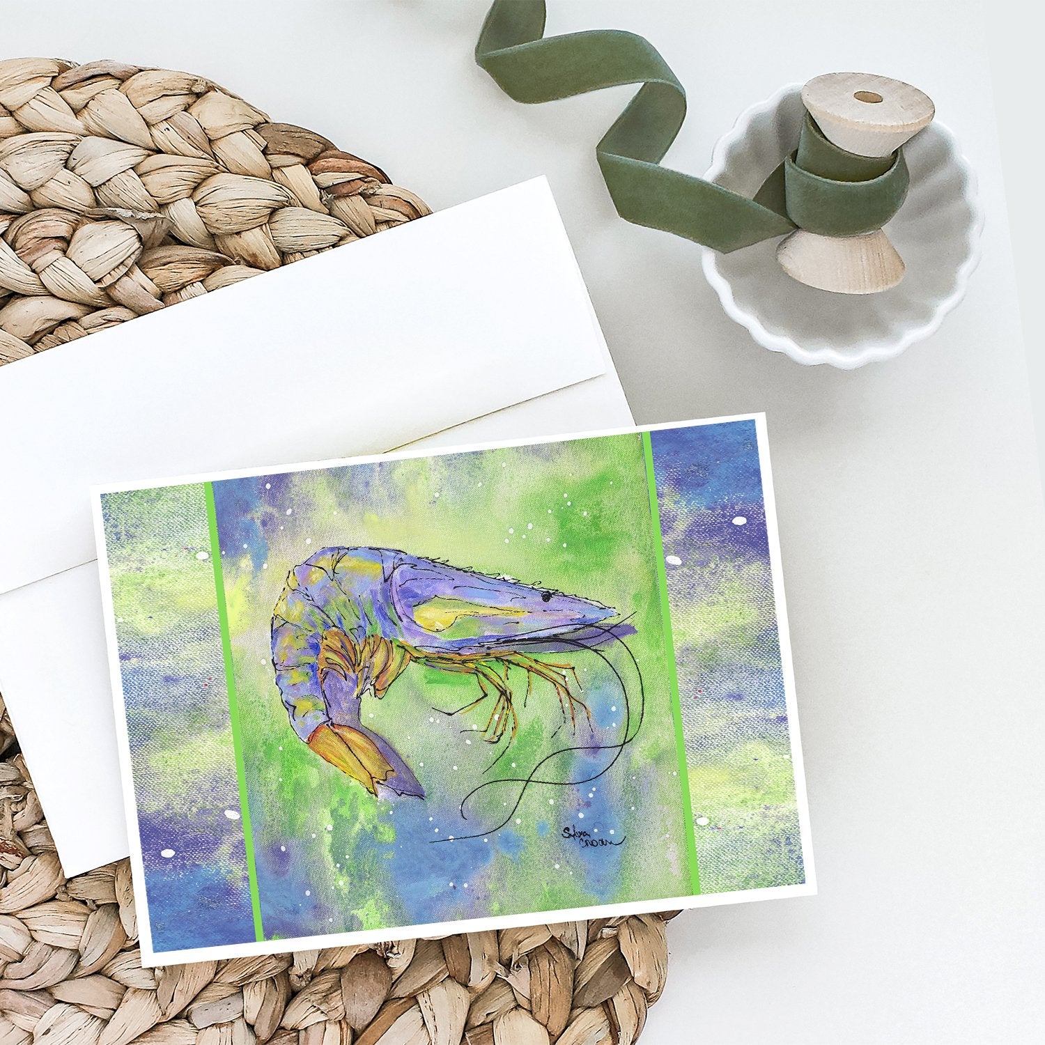 Shrimp Blues and Greens Greeting Cards and Envelopes Pack of 8 - the-store.com
