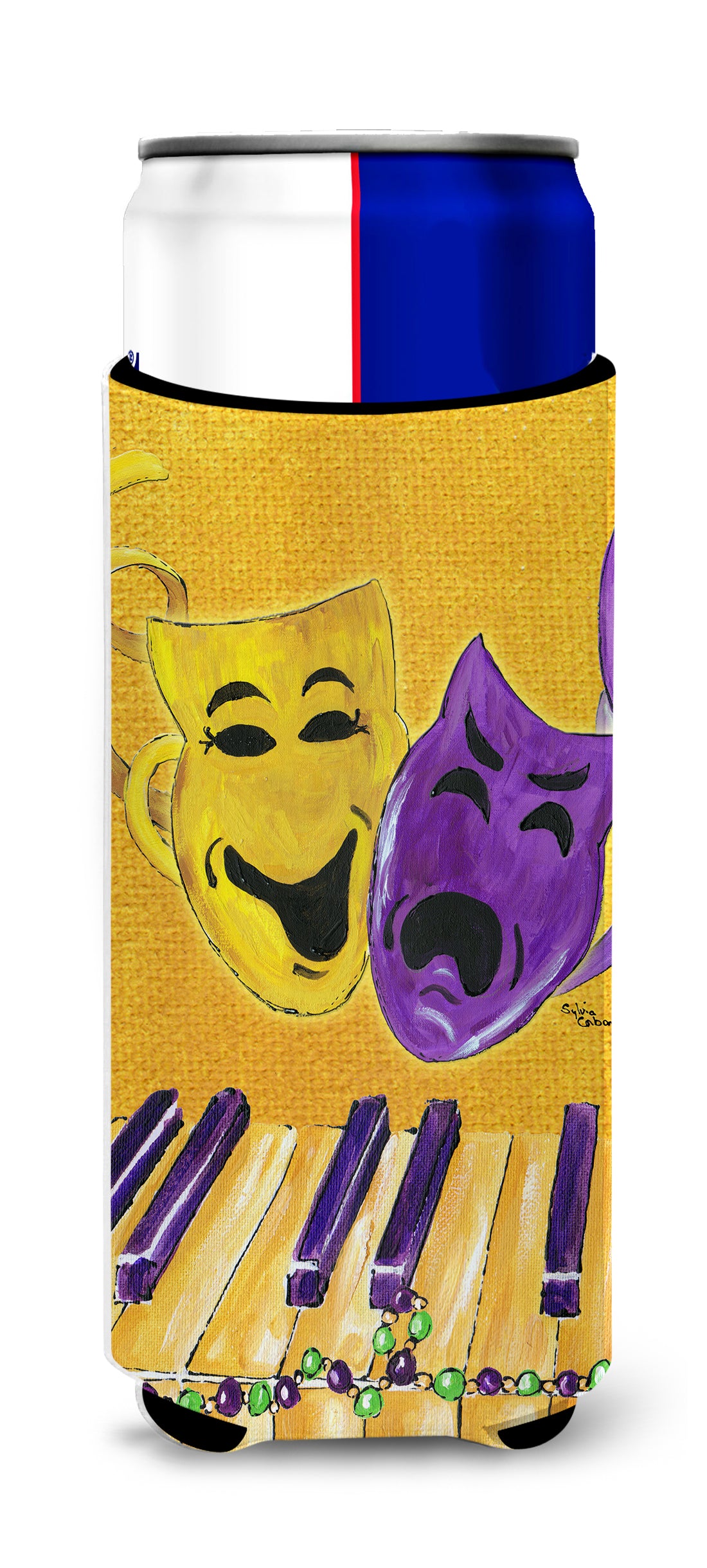 Mardi Gras Piano with Comedy and Tragedy Masks Ultra Beverage Insulators for slim cans 8367MUK.