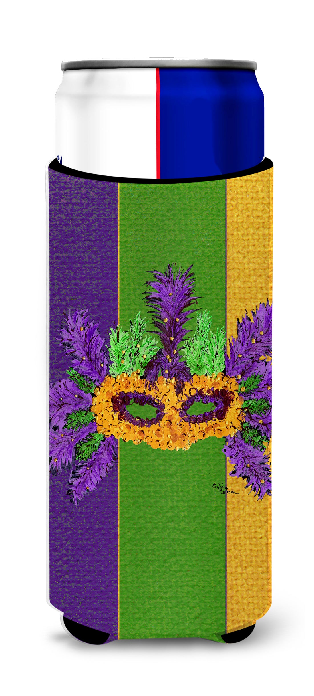 Mardi Gras with Feathers Ultra Beverage Insulators for slim cans 8369MUK.