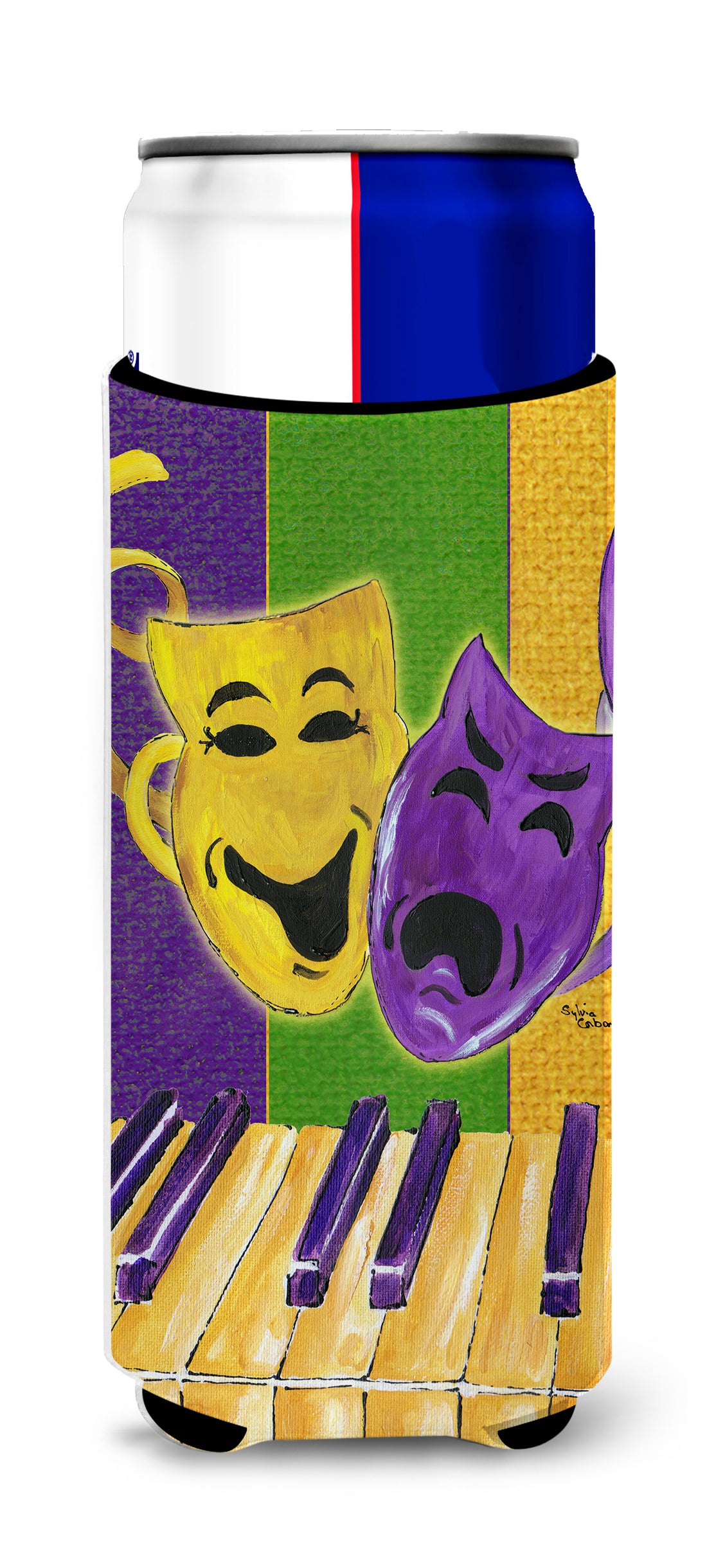Mardi Gras Piano with Comedy and Tragedy Masks Ultra Beverage Insulators for slim cans 8370MUK.