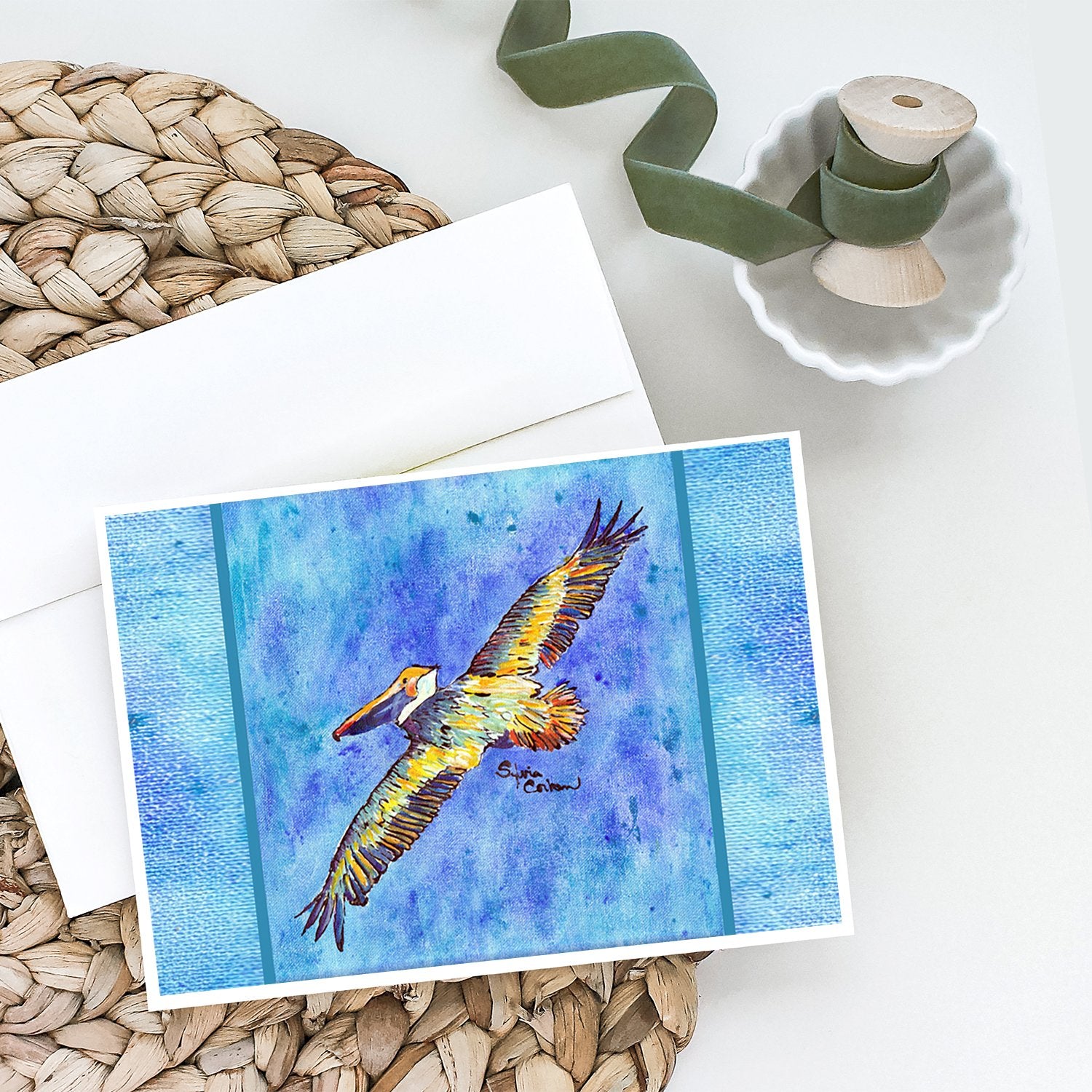 Buy this Pelican Fyling on Blue Greeting Cards and Envelopes Pack of 8