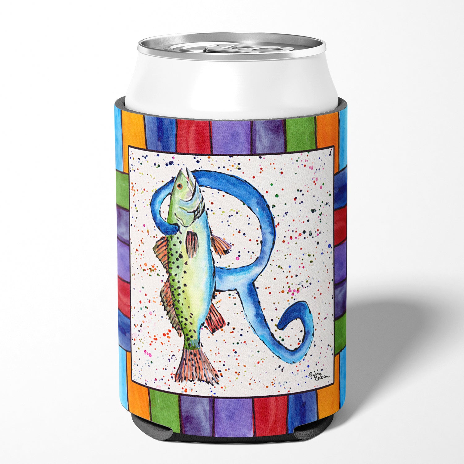 Letter R with Trout Fish Can or Bottle Beverage Insulator Hugger 8441.