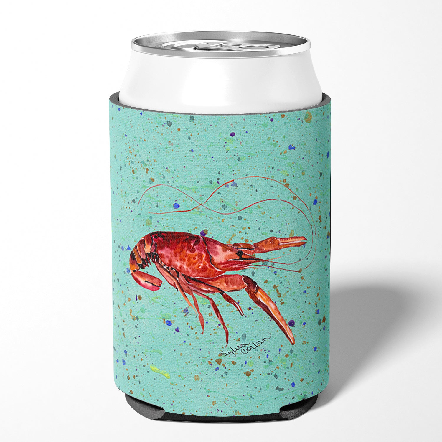 Crawfish  on Teal Can or Bottle Beverage Insulator Hugger.