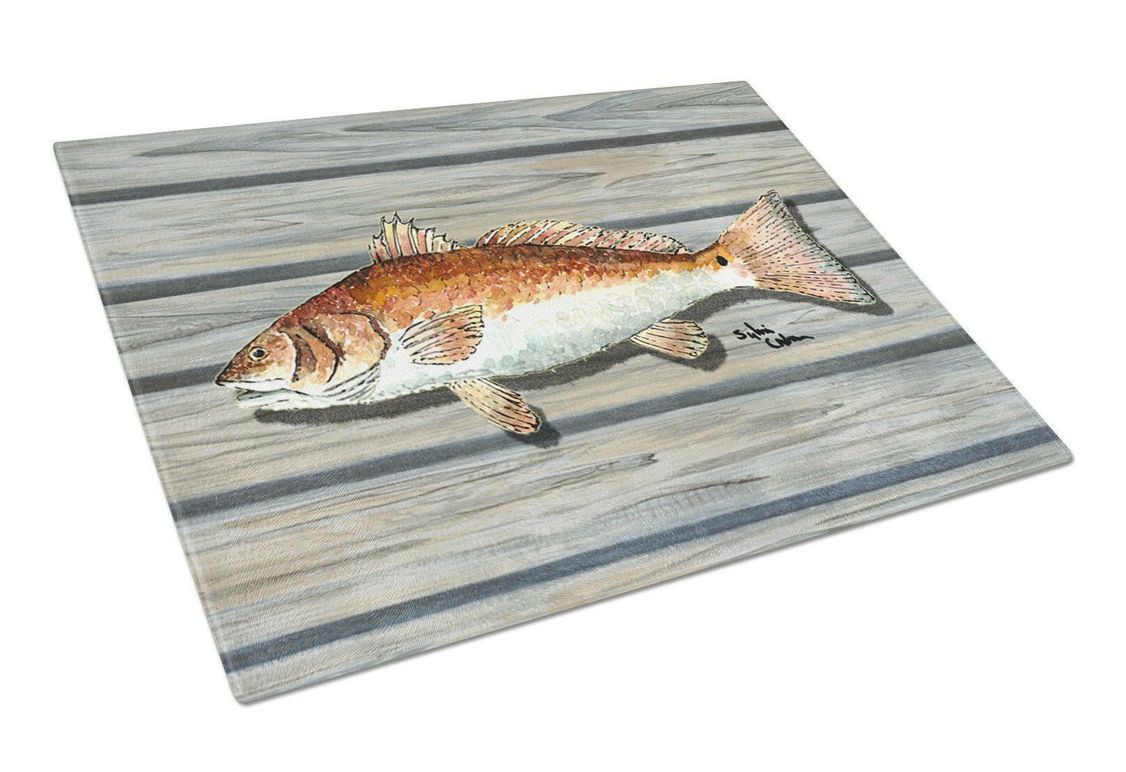 Red Fish on the wharf Glass Cutting Board by Caroline's Treasures