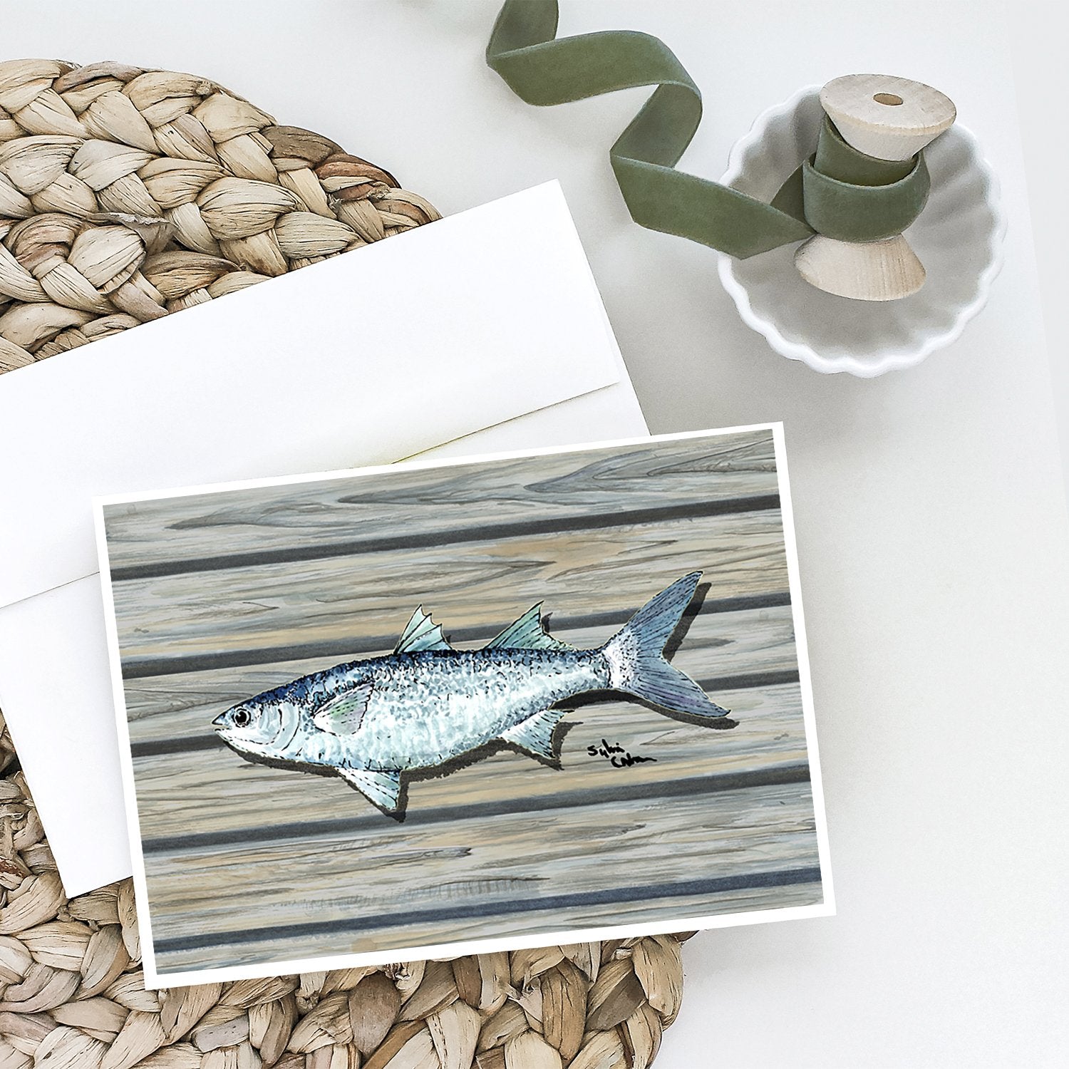 Buy this Mullet Fish on Pier Greeting Cards and Envelopes Pack of 8