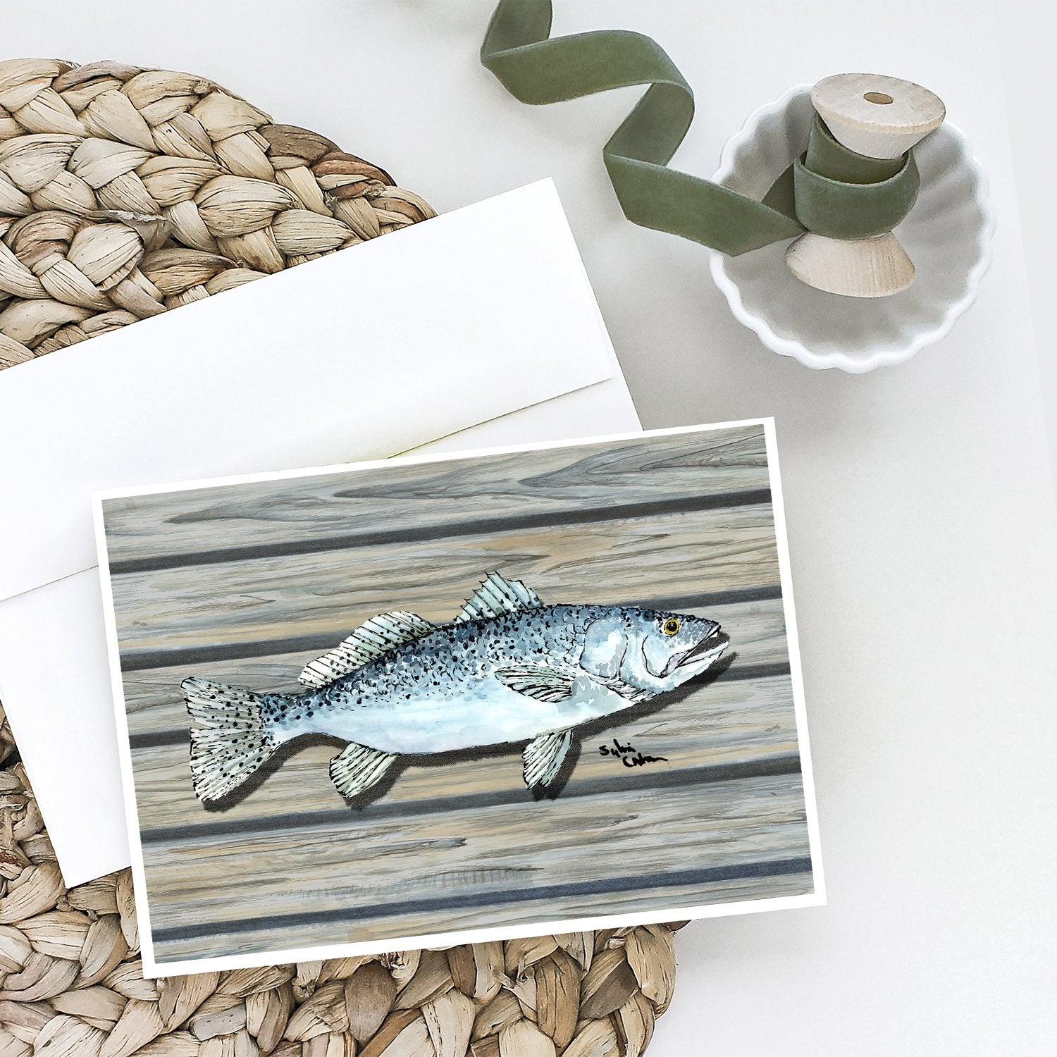 Speckled Trout Fish on Pier Greeting Cards and Envelopes Pack of 8 - the-store.com