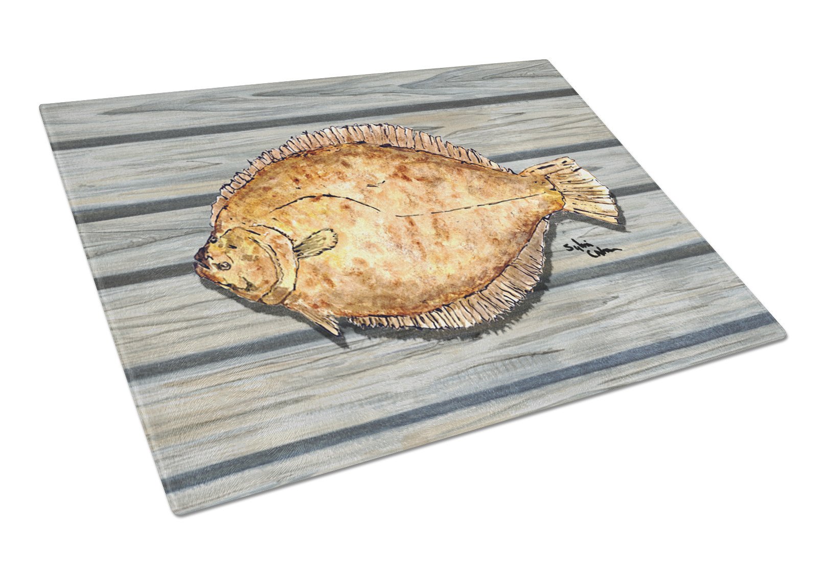 Flounder on the wharf Glass Cutting Board by Caroline's Treasures