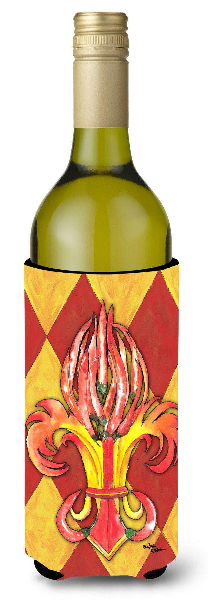 Hot Peppers Fleur de lis Wine Bottle Beverage Insulator Beverage Insulator Hugger by Caroline's Treasures
