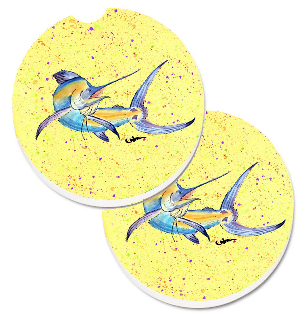 Blue Marlin on Yellow Set of 2 Cup Holder Car Coasters 8533CARC by Caroline&#39;s Treasures