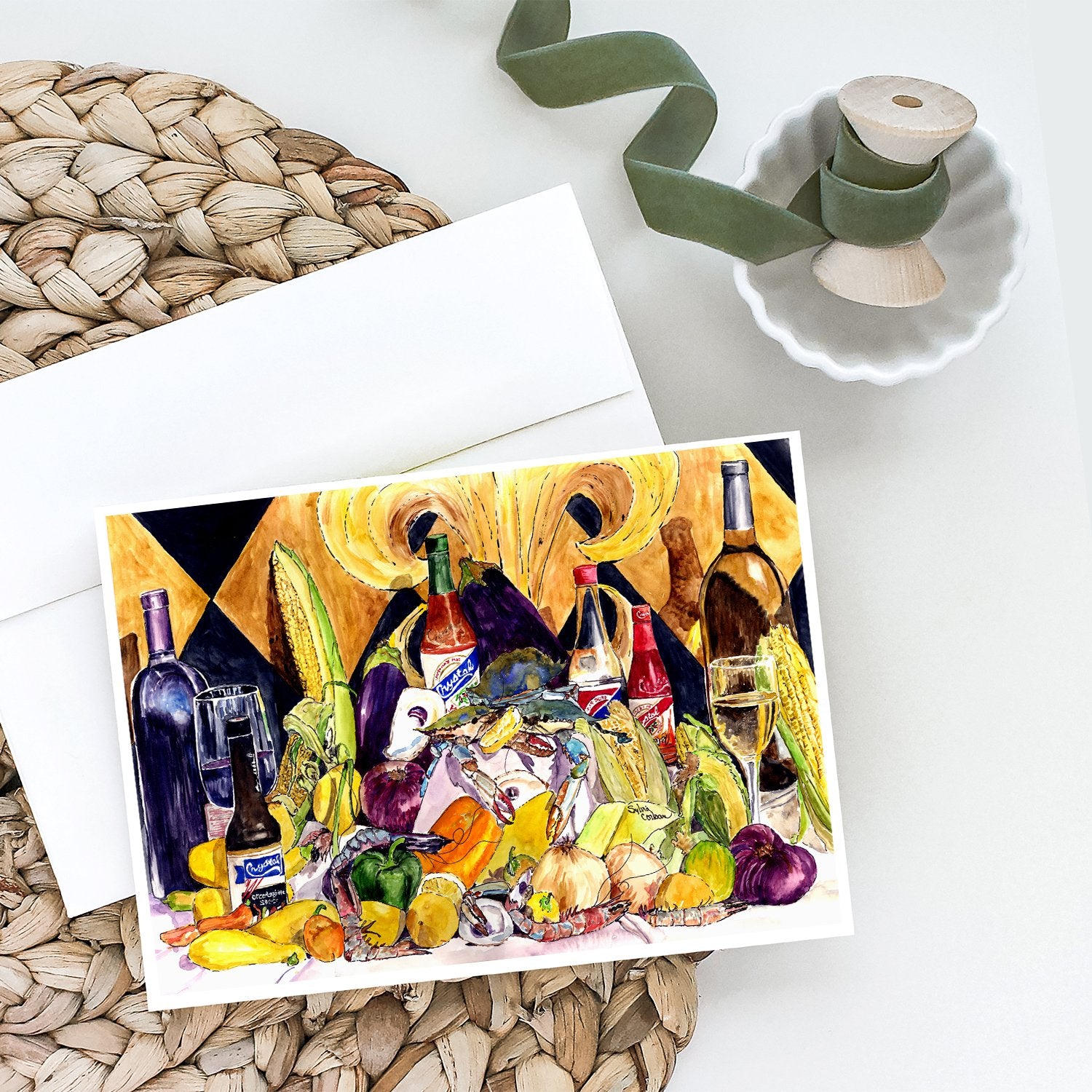 Crystal Hot Sauce with Fleur De lis and Wine Greeting Cards and Envelopes Pack of 8 - the-store.com
