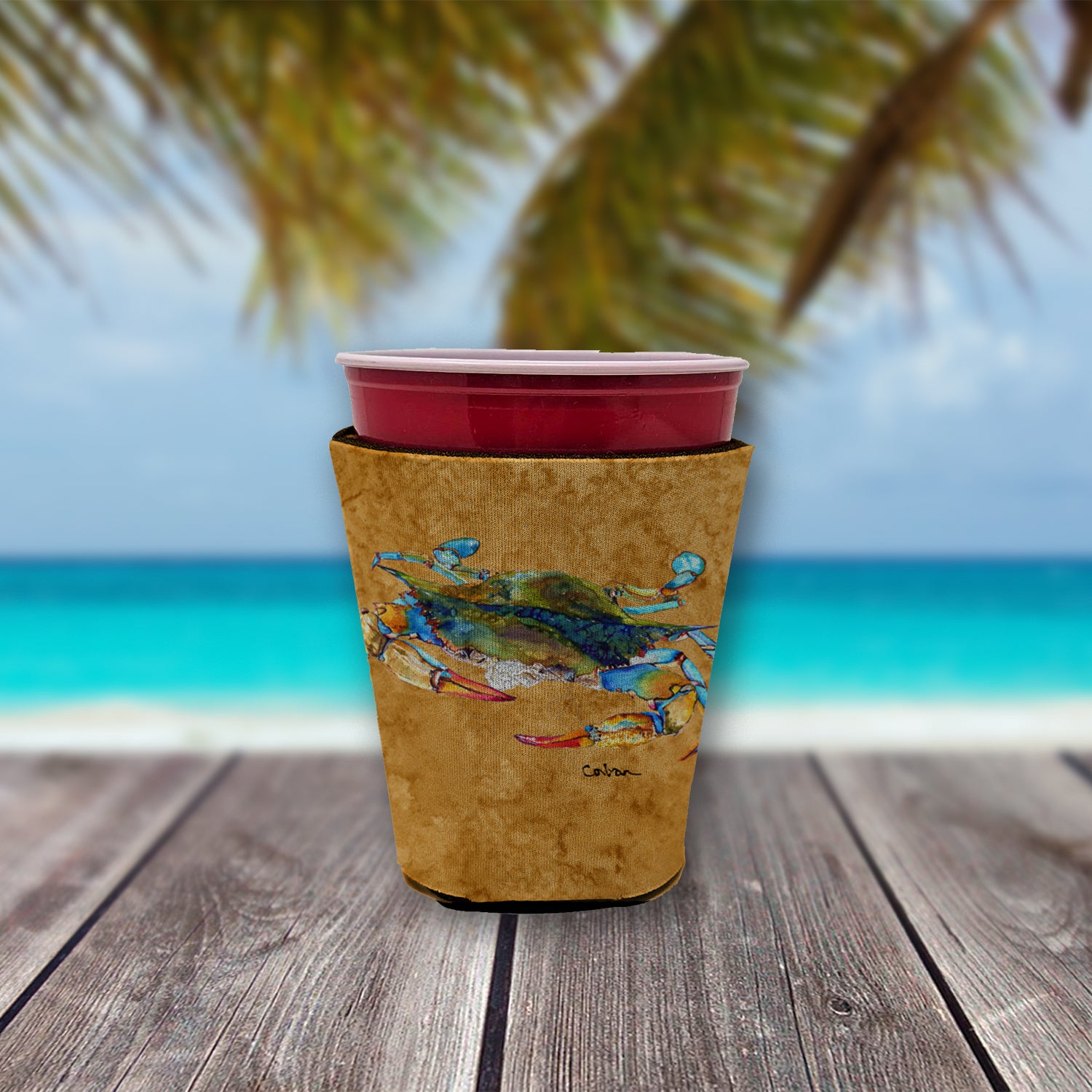 Crab on gold Red Cup Beverage Insulator Hugger