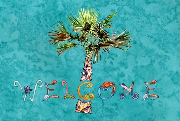 Welcome Palm Tree on Teal Fabric Placemat 8711PLMT by Caroline's Treasures