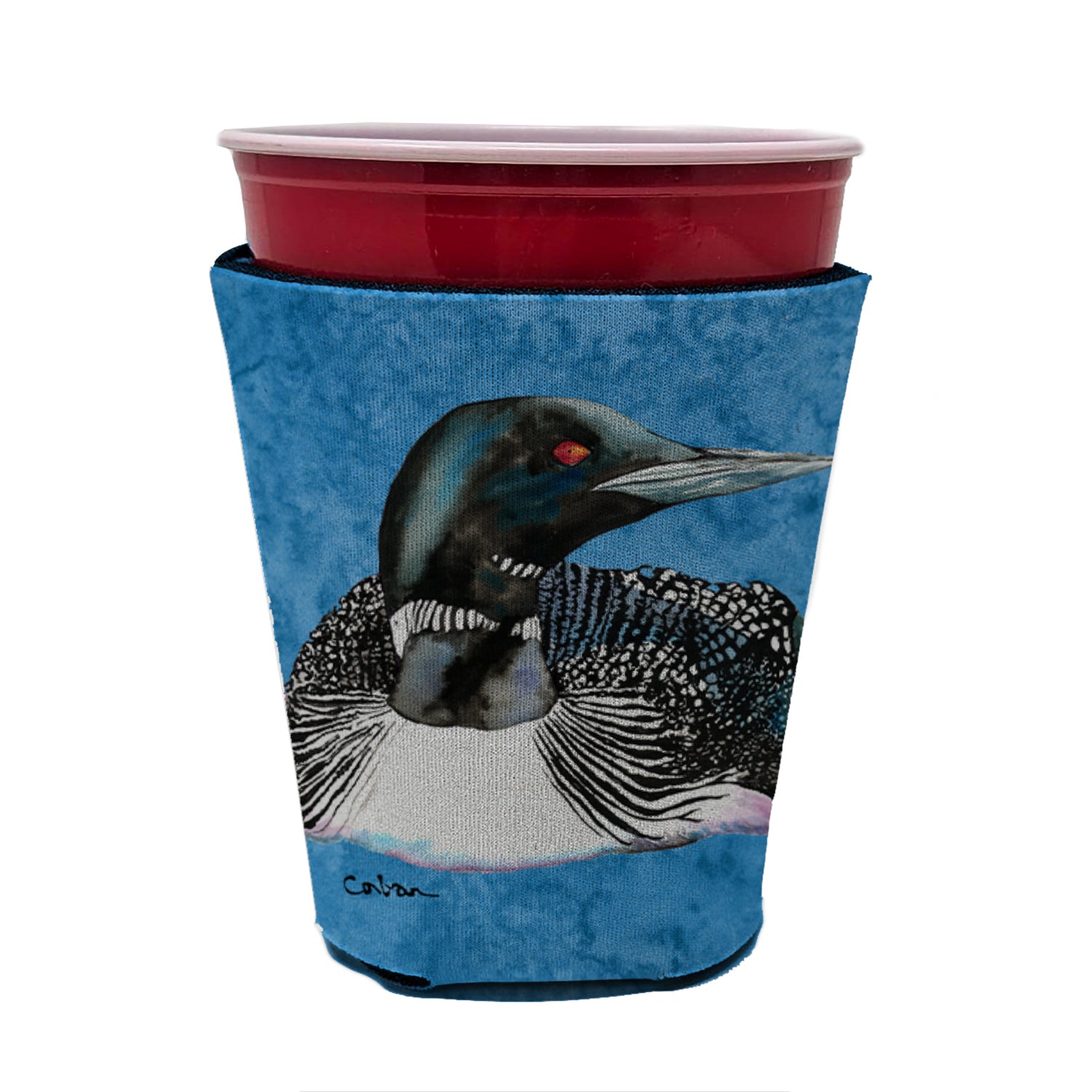 Bird - Loon  Red Cup Beverage Insulator Hugger