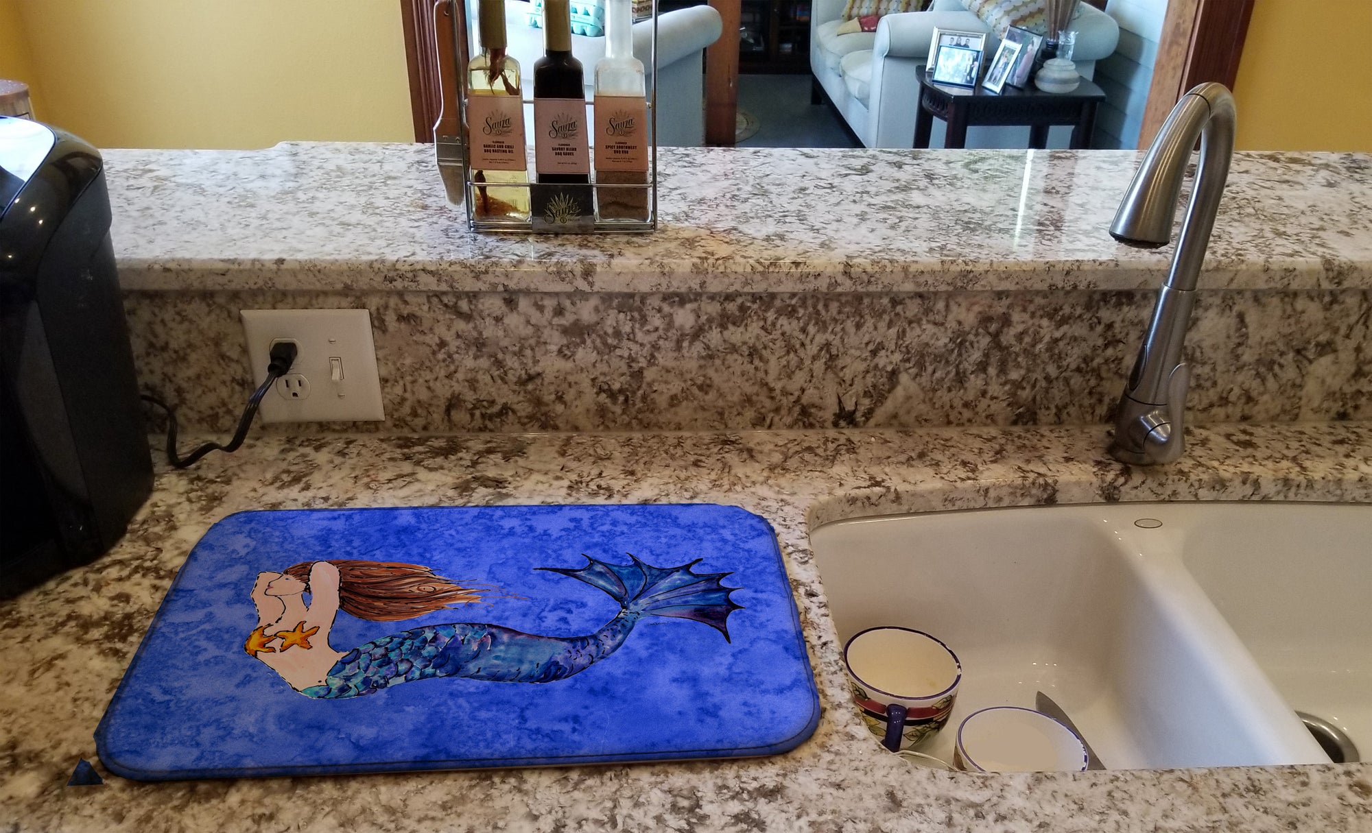 Brunette Mermaid on Blue Dish Drying Mat 8725DDM