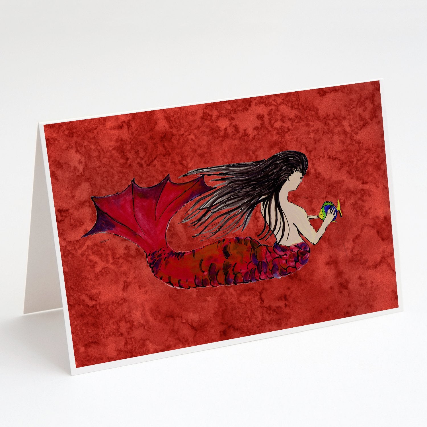 Buy this Black Haired Mermaid on Red Greeting Cards and Envelopes Pack of 8