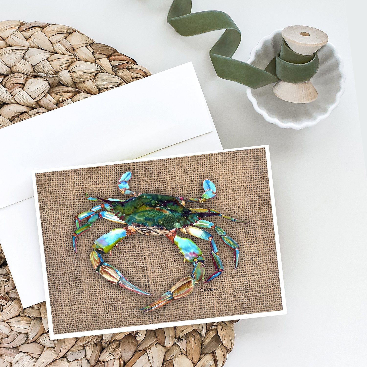 Buy this Blue Crab on Faux Burlap Greeting Cards and Envelopes Pack of 8