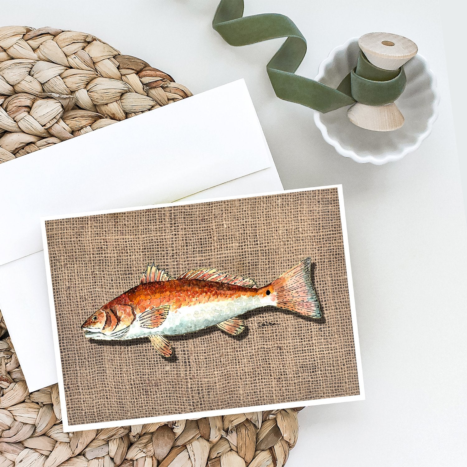 Fish Red Fish  on Faux Burlap Greeting Cards and Envelopes Pack of 8 - the-store.com