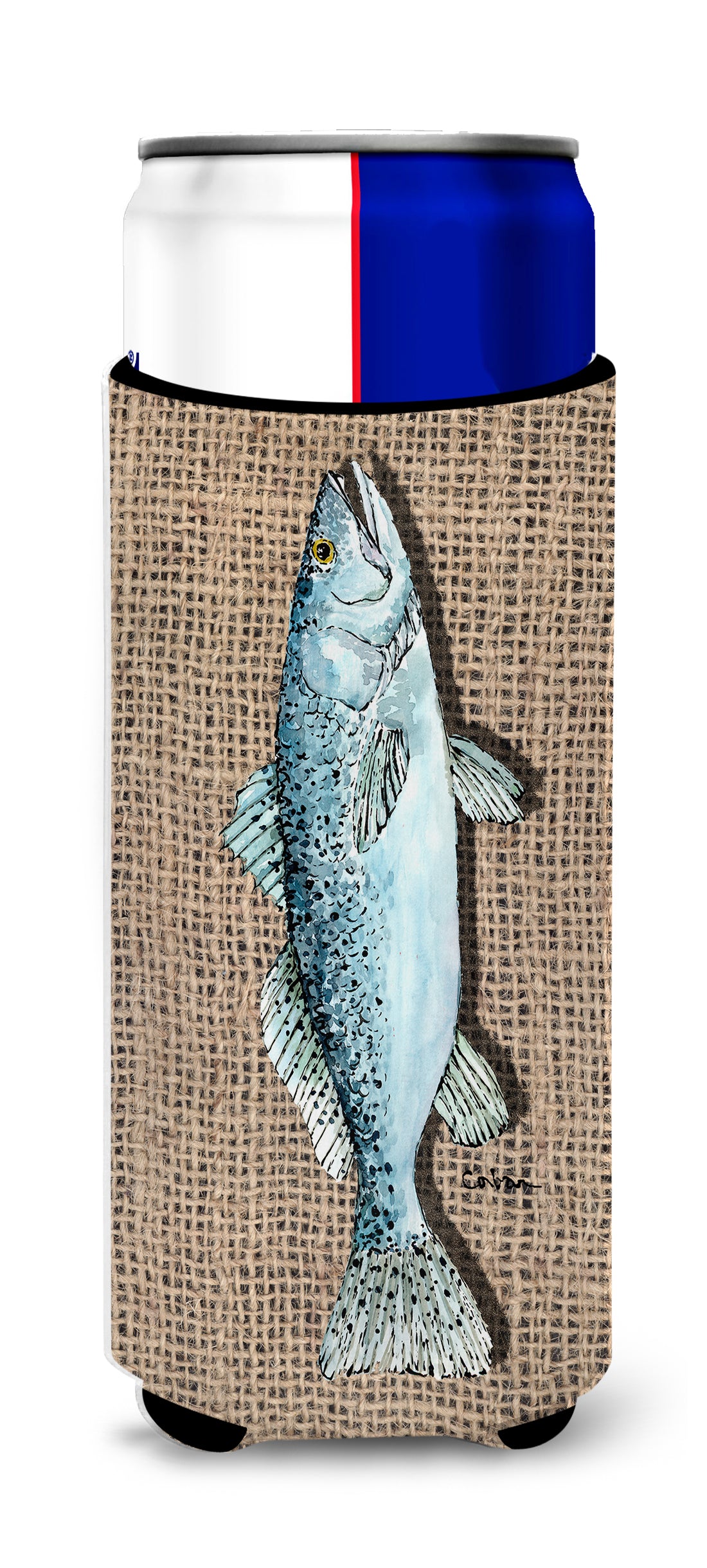 Fish Speckled Trout  on Faux Burlap Ultra Beverage Insulators for slim cans 8737MUK