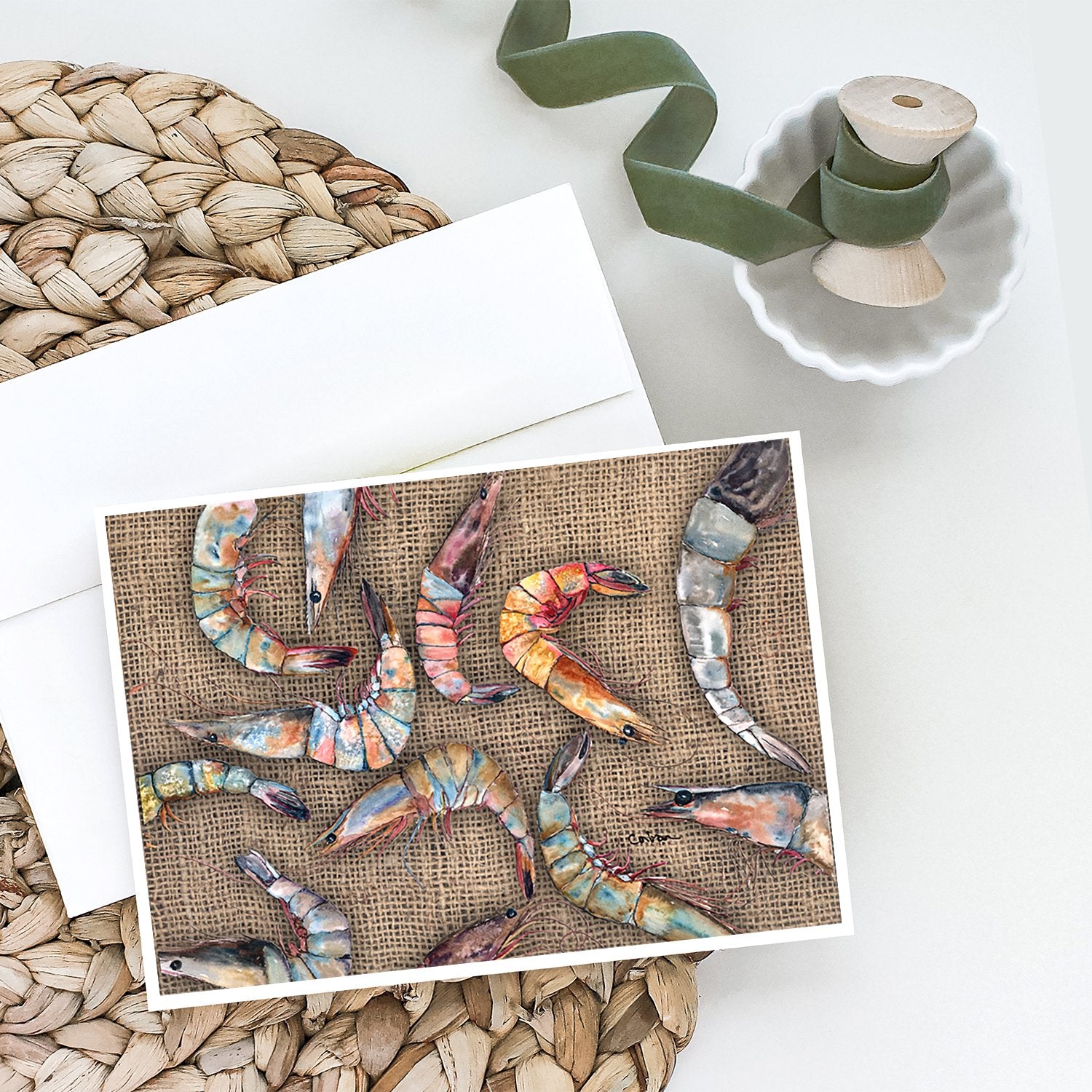 Shrimp  on Faux Burlap Greeting Cards and Envelopes Pack of 8 - the-store.com