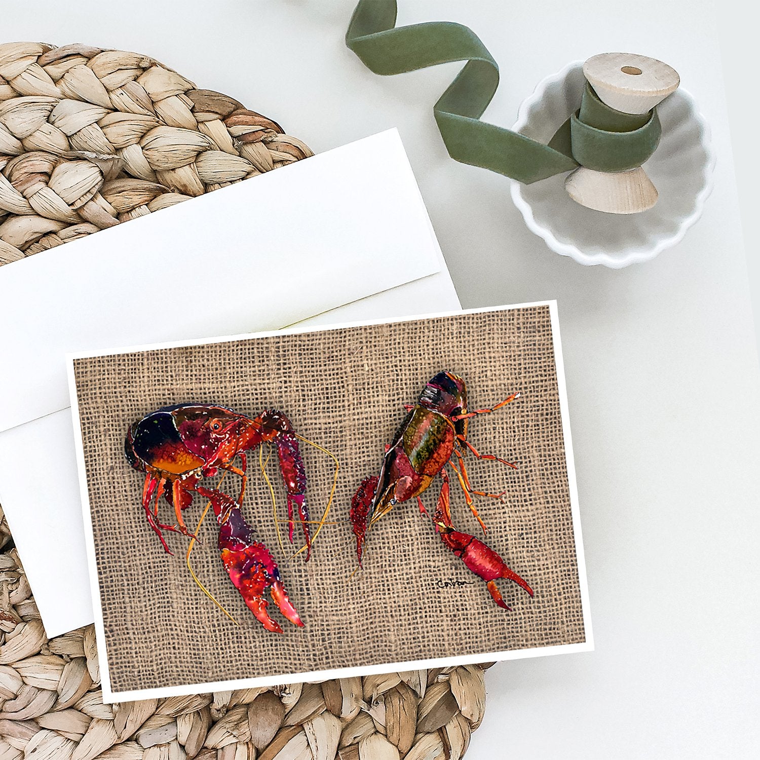 Crawfish  on Faux Burlap Greeting Cards and Envelopes Pack of 8 - the-store.com