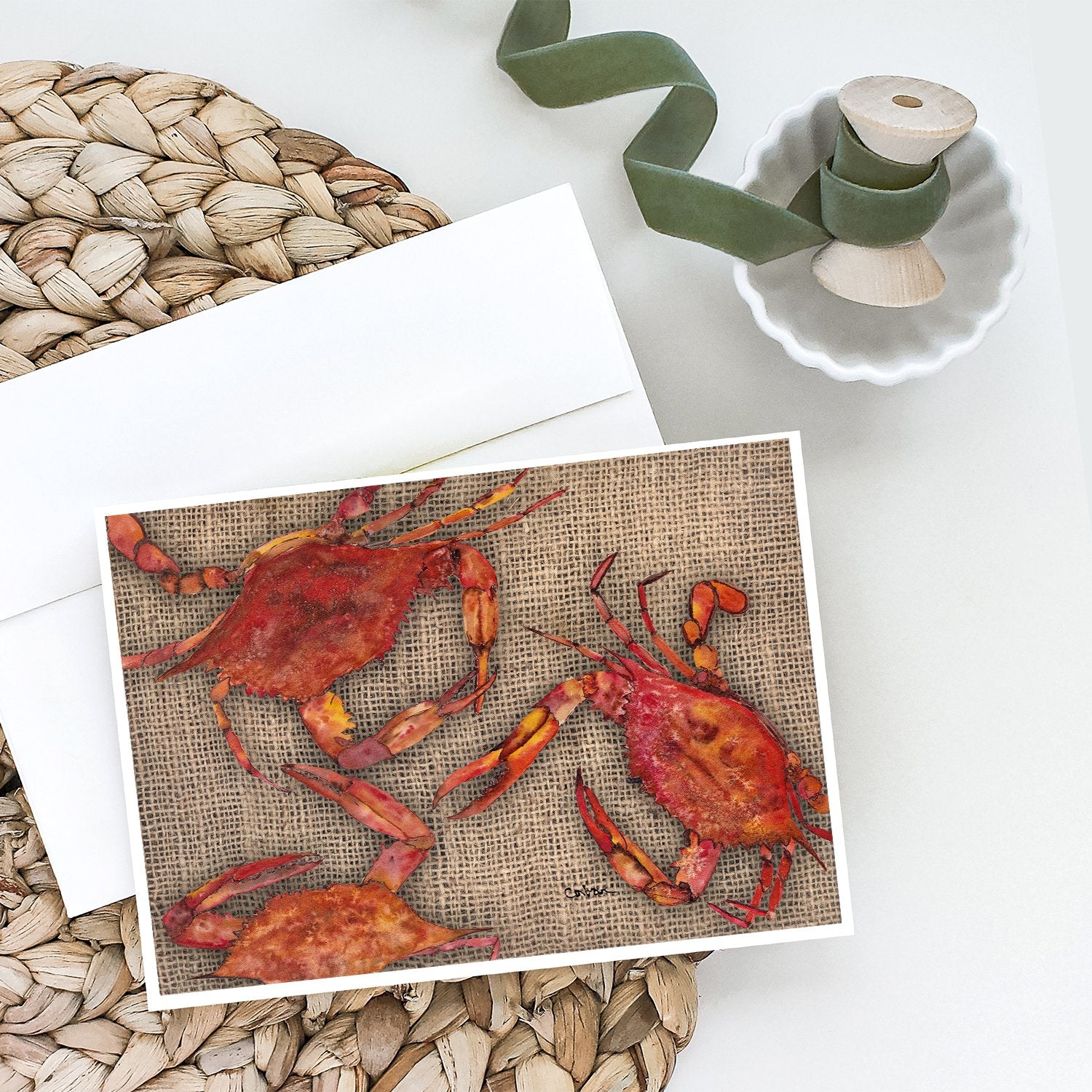 Buy this Cooked Crabs on Faux Burlap Greeting Cards and Envelopes Pack of 8